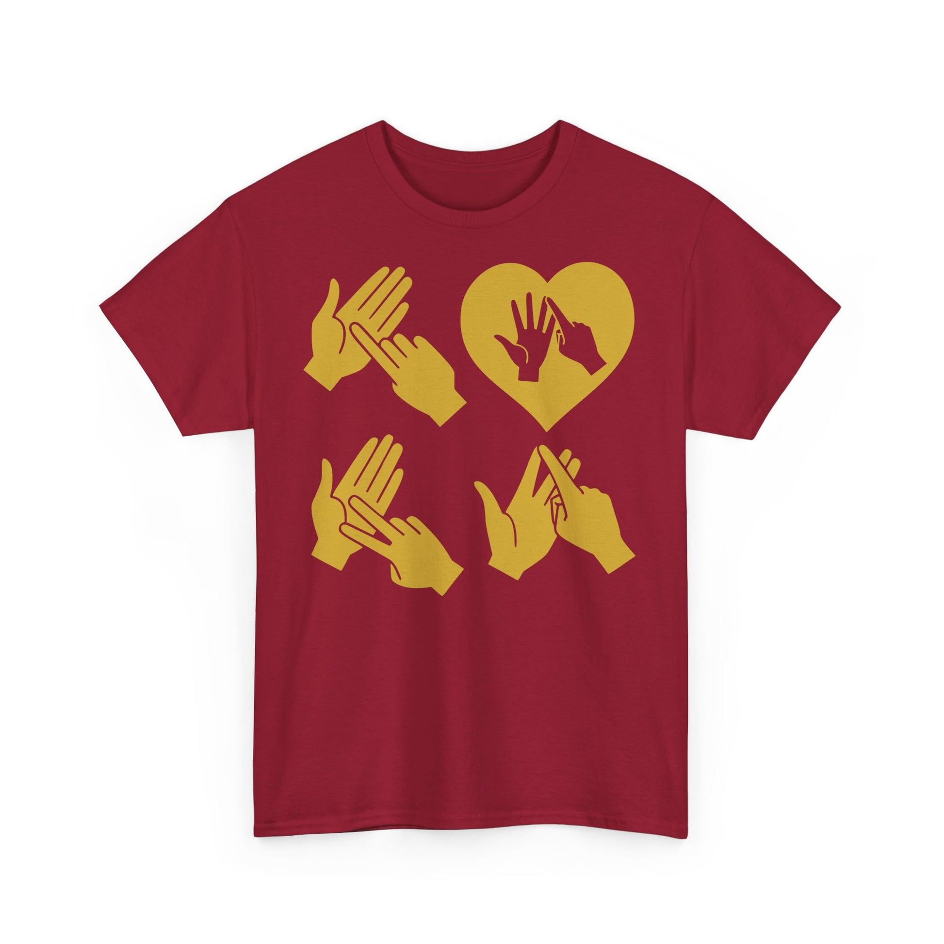 Front view of a cardinal red T-Shirt with the word Love in gold BSL Fingerspelling with the 'O' embedded in a heart shape