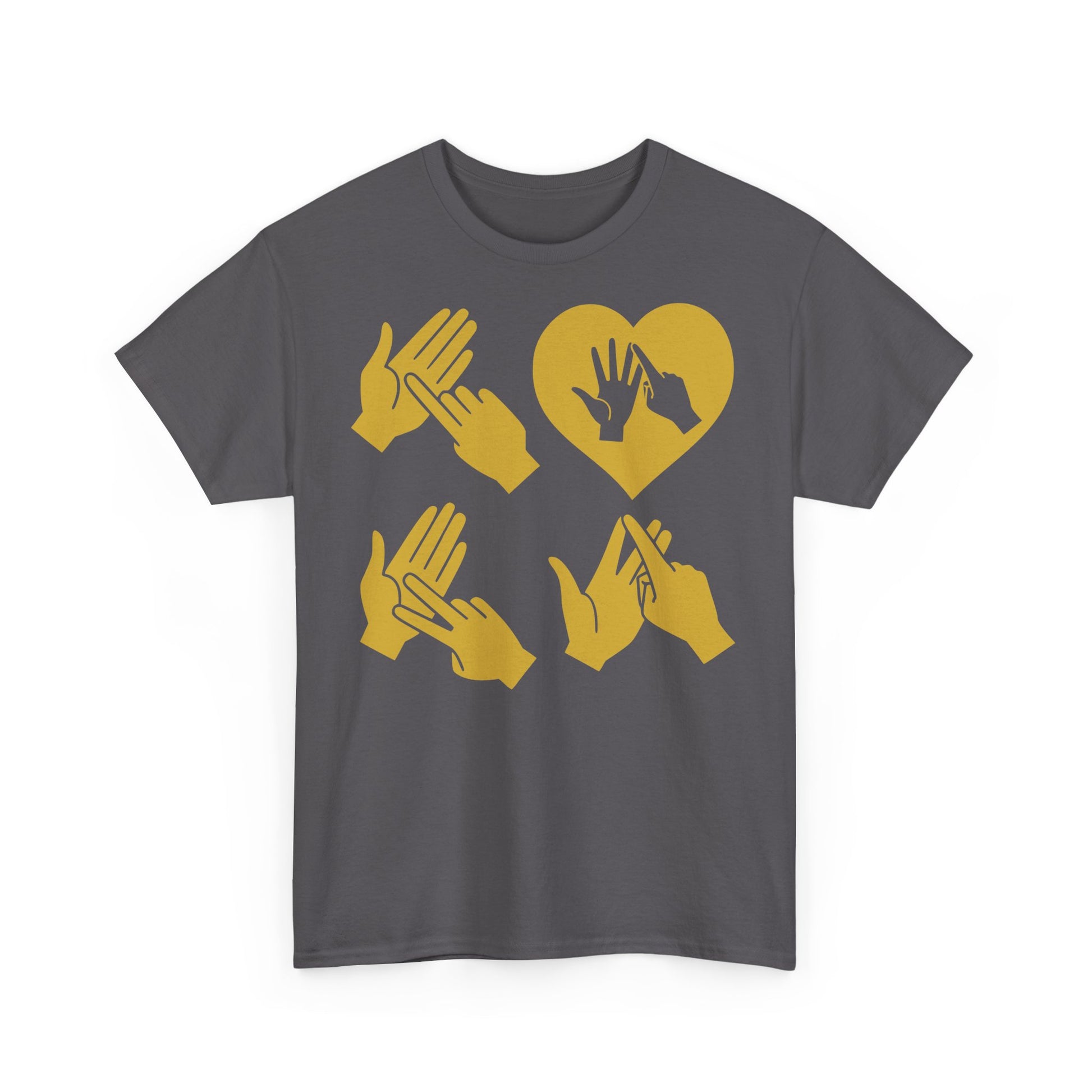 Front view of a charcoal T-Shirt with the word Love in gold BSL Fingerspelling with the 'O' embedded in a heart shape