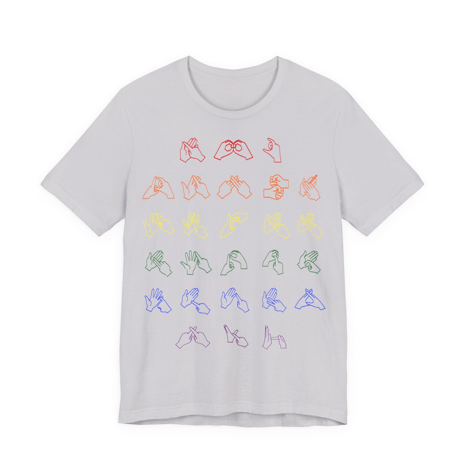 Front view of a lavender dust t-shirt with BSL Alphabet - Pride Fingerspelling