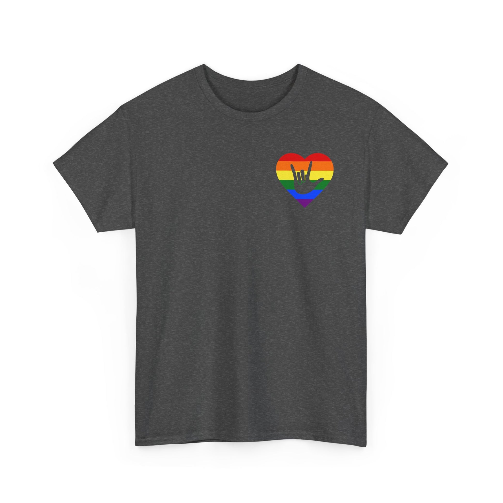 Front view of a dark heather T-Shirt showing a pride coloured heart and the iconic ASL I Love You sign embedded in it on the left side of the chest
