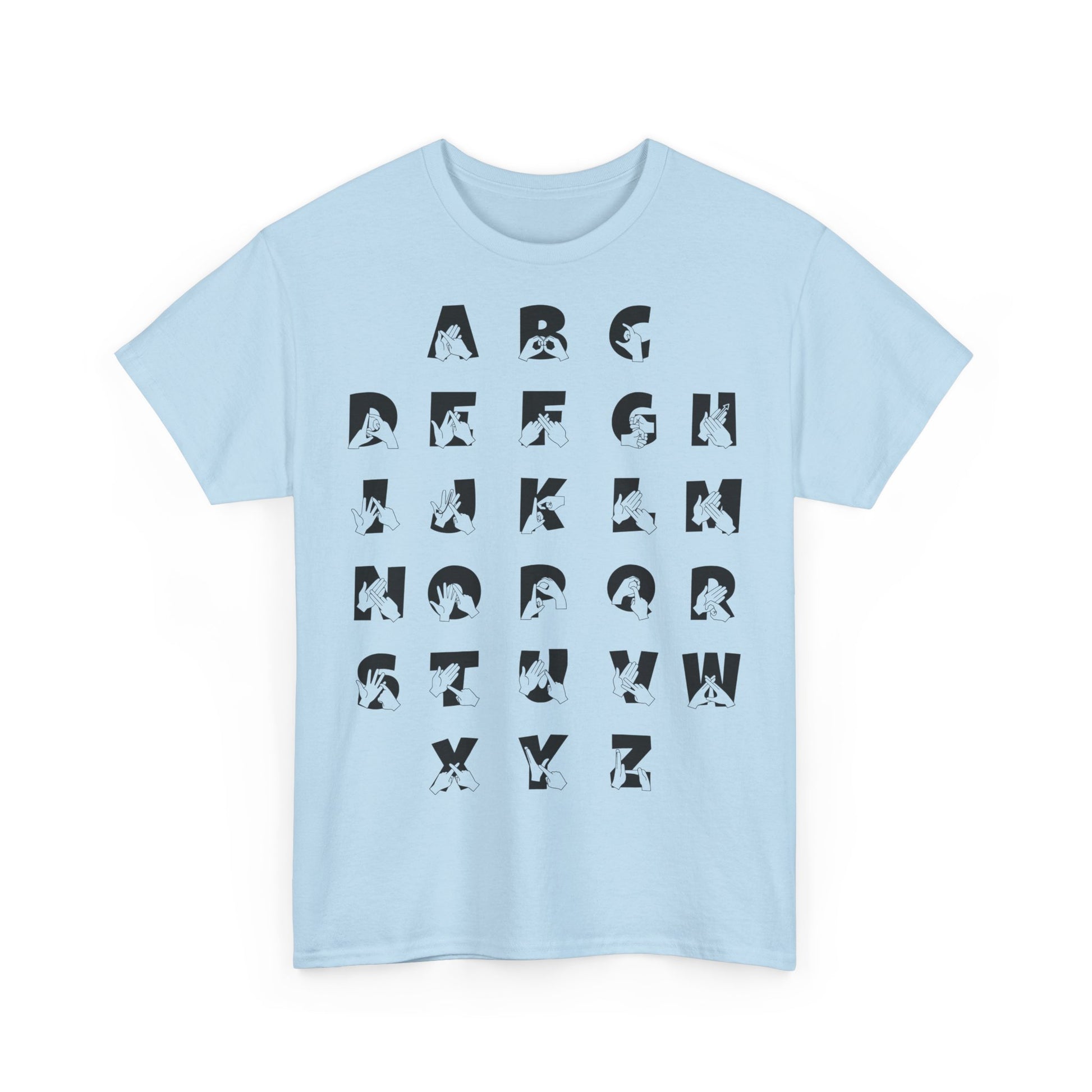 Front view of a light blue t-shirt with BSL Alphabet - Black Fingerspelling