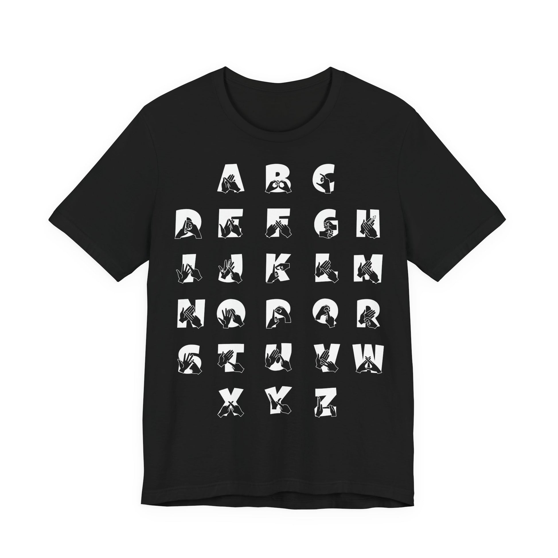 Front view of a black t-shirt with BSL Alphabet - White Fingerspelling & Text