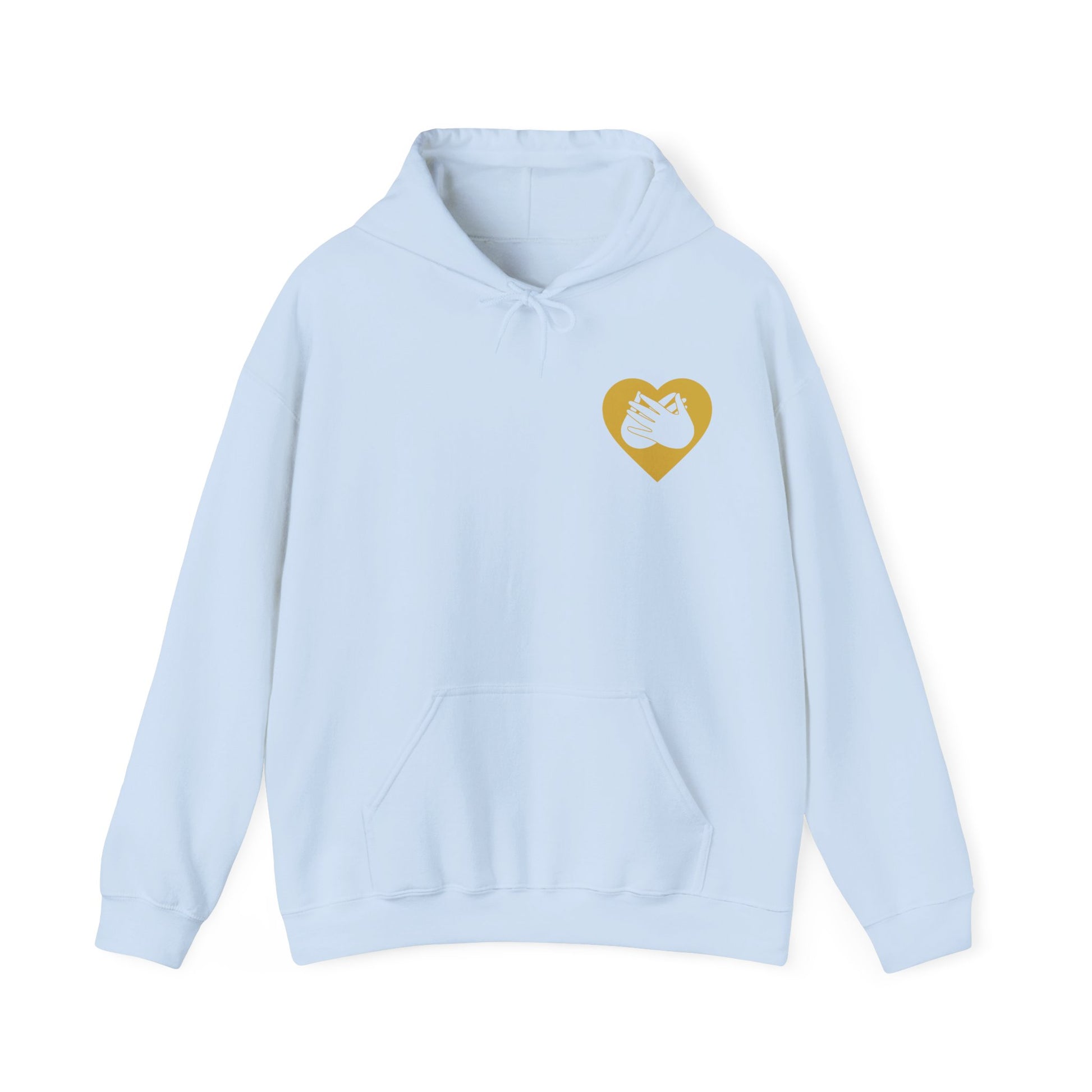 Front view of a light blue hoodie showing a gold coloured heart and the iconic BSL Love sign embedded in it on the left side of the chest