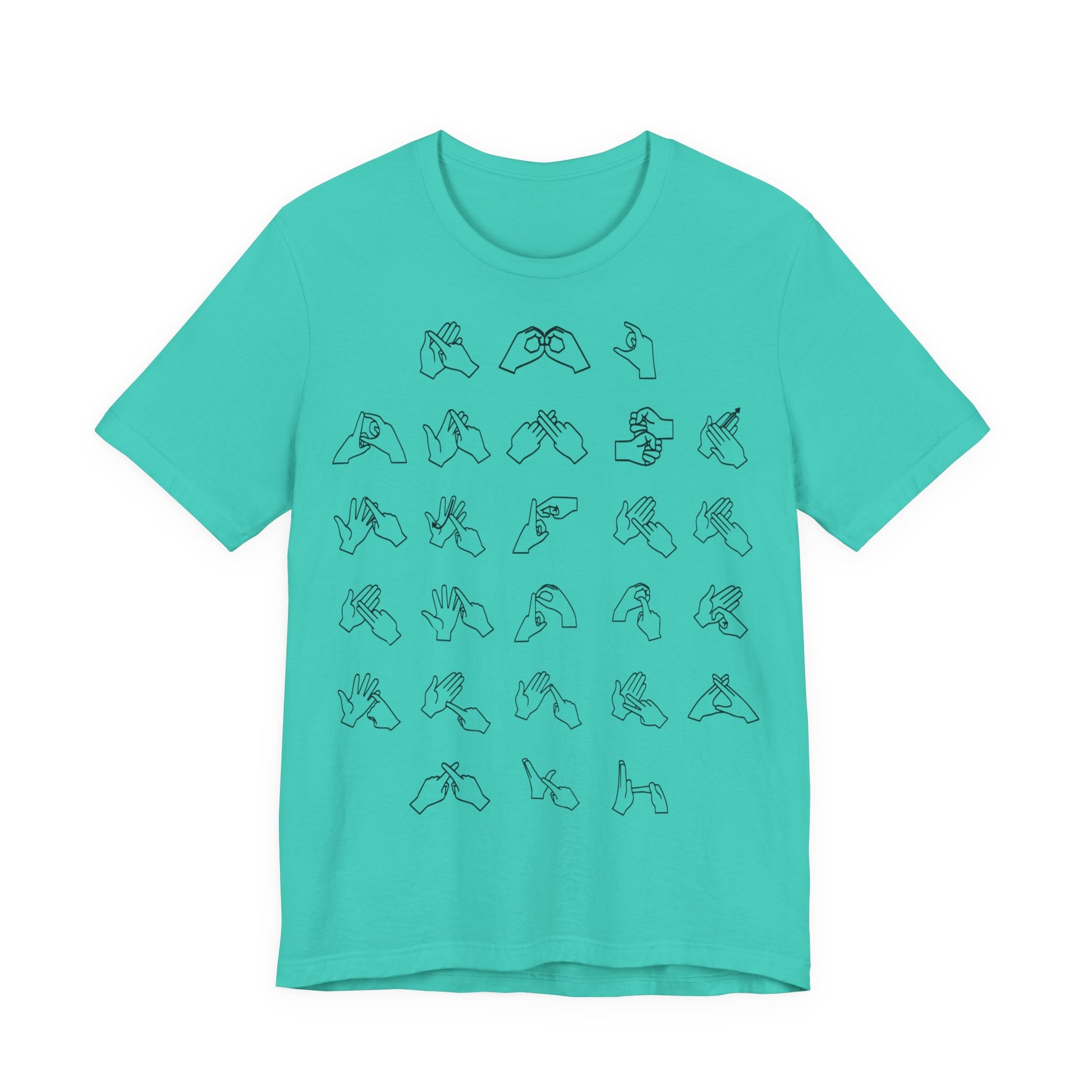 Front view of a teal t-shirt with BSL Alphabet - Black Fingerspelling