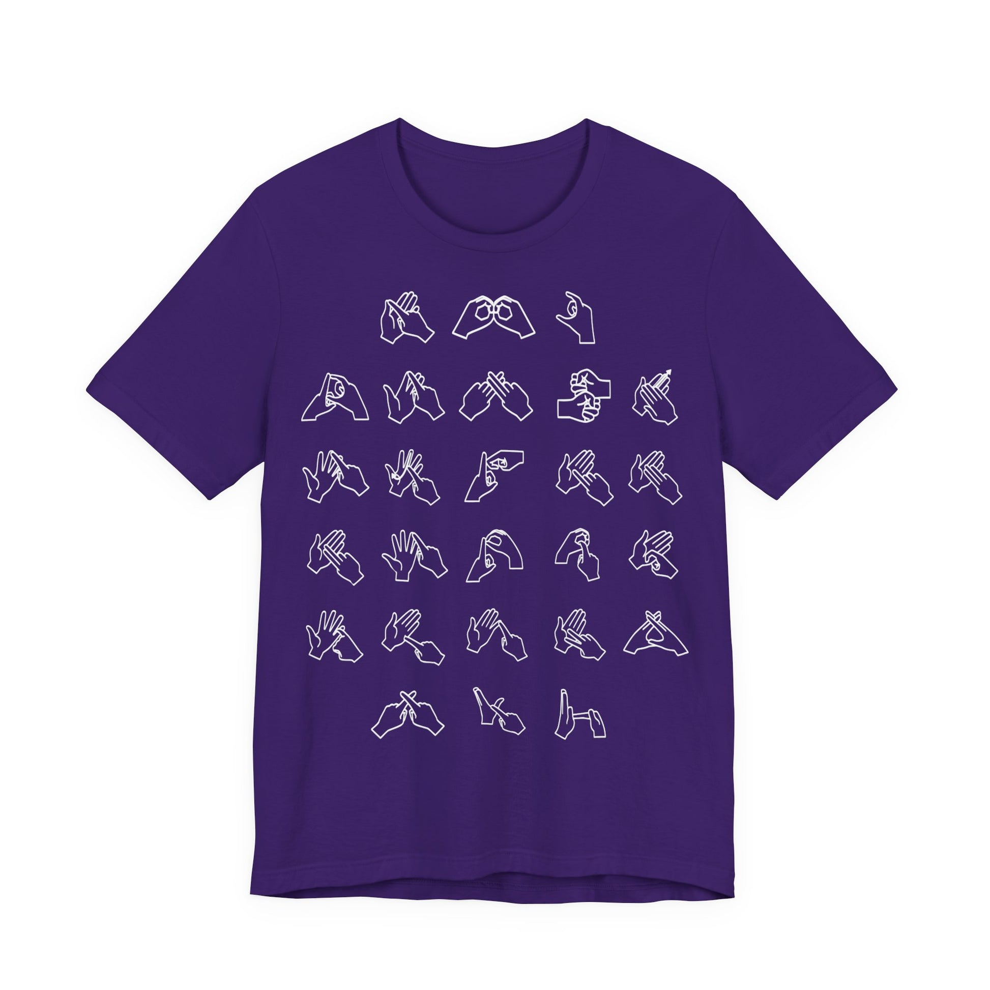Front view of a team purple t-shirt with BSL Alphabet - White Fingerspelling