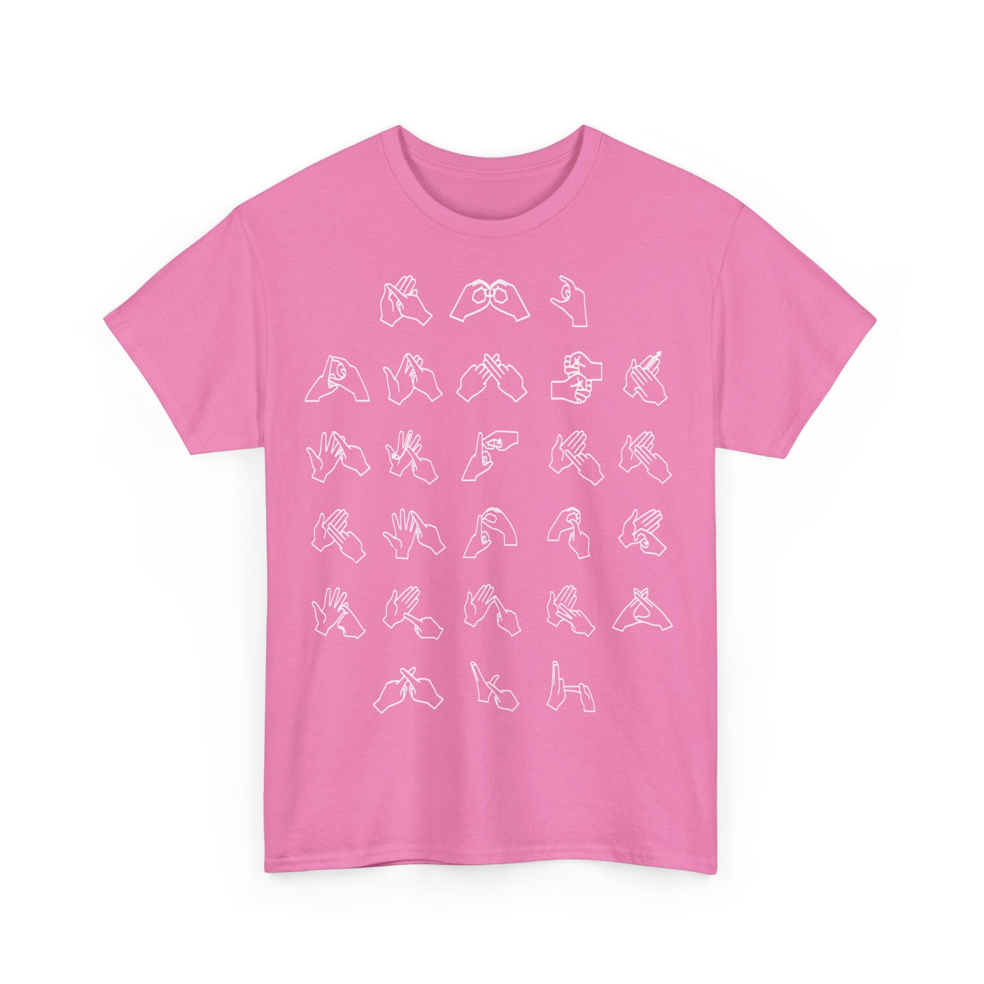 Front view of a Azalea t-shirt with BSL Alphabet - White Fingerspelling