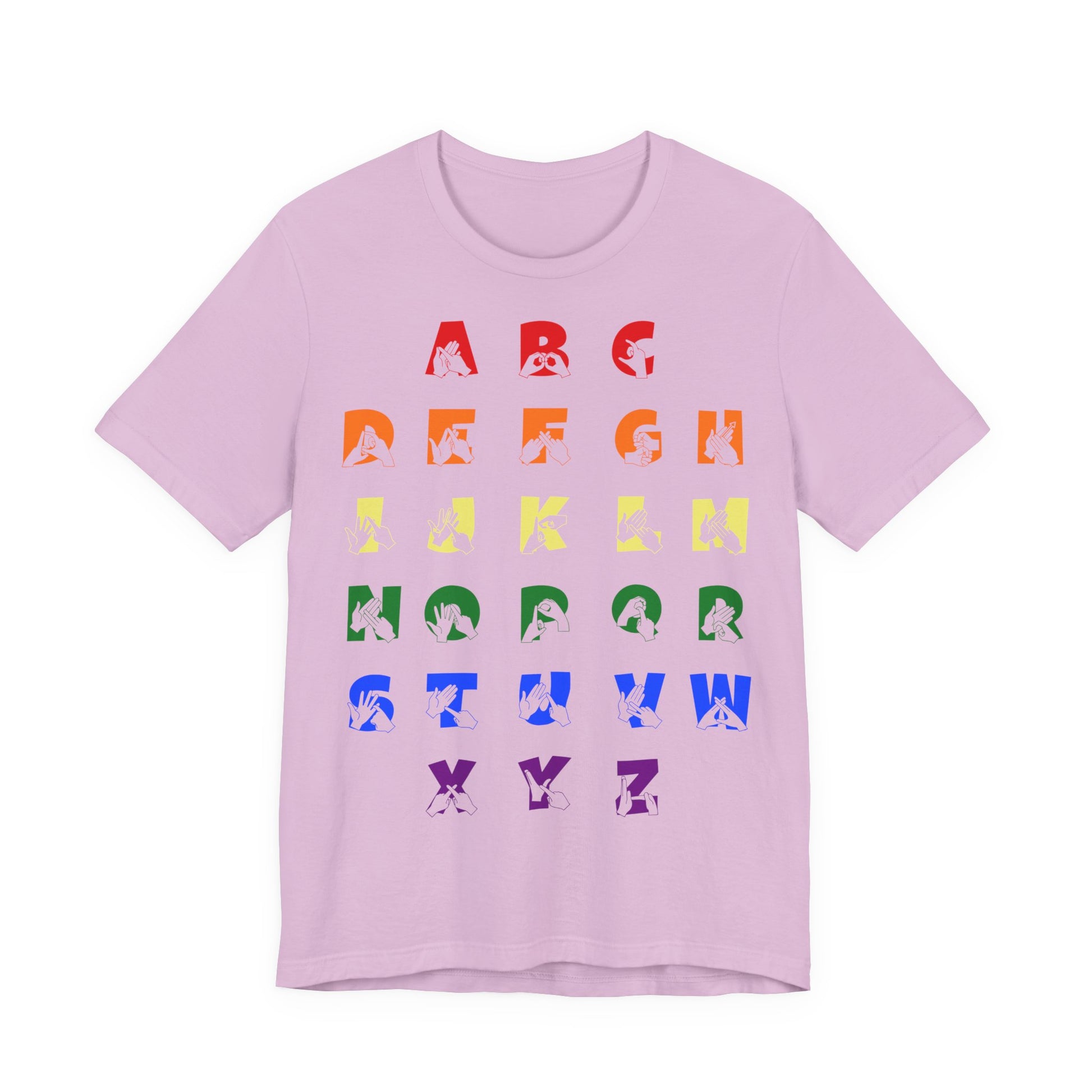 Front view of a lilac t-shirt with BSL Alphabet - Pride Fingerspelling & Text