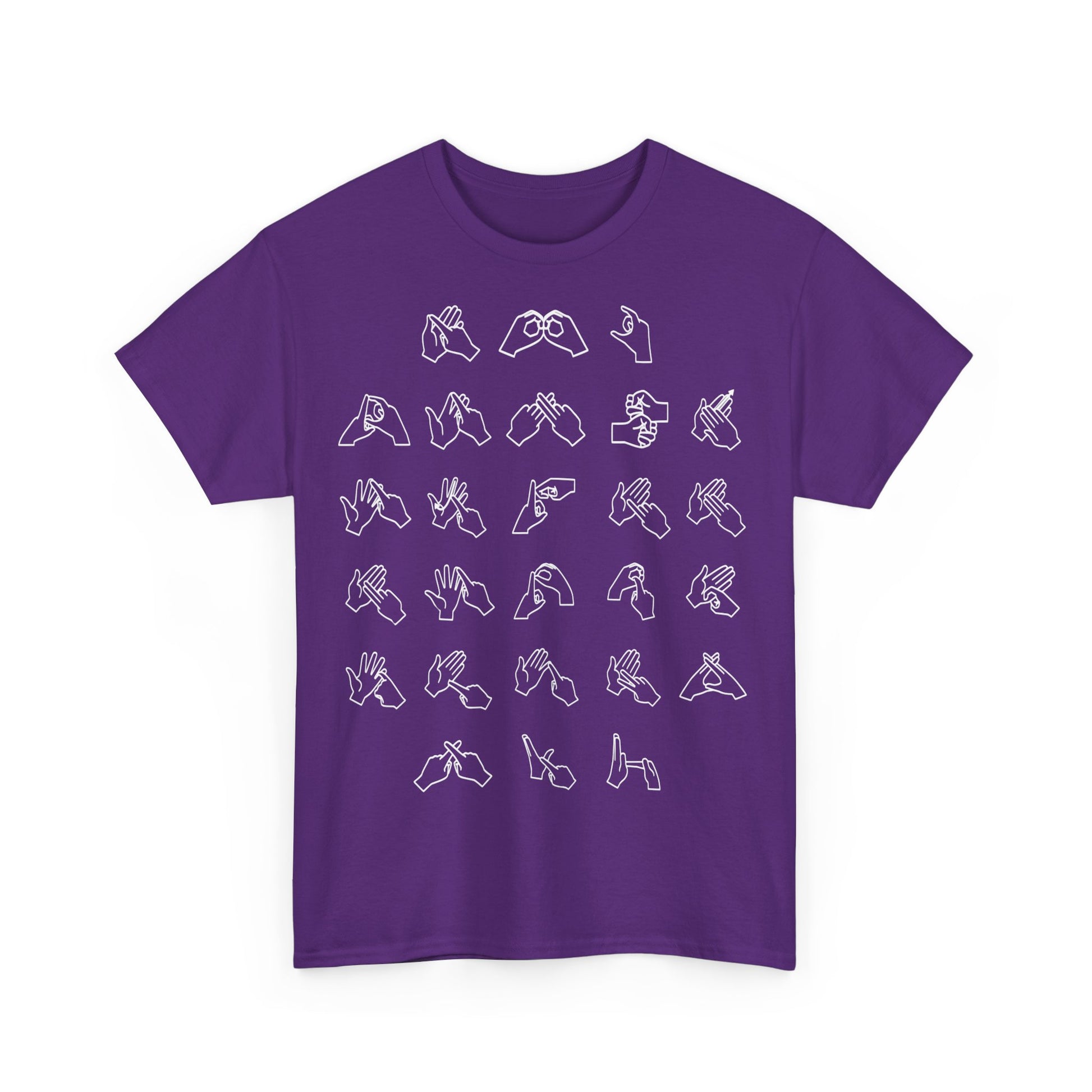 Front view of a Purple t-shirt with BSL Alphabet - White Fingerspelling