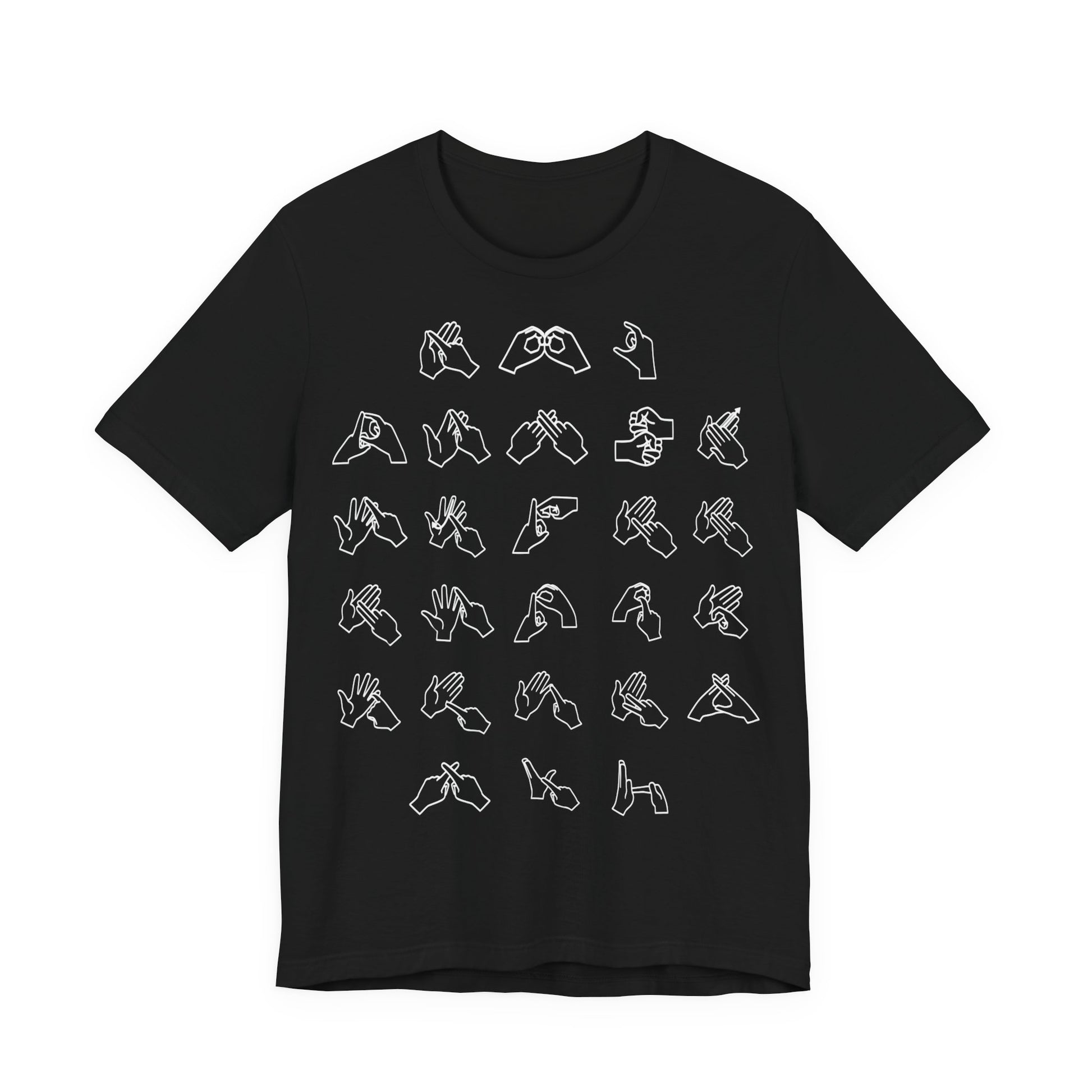 Front view of a black t-shirt with BSL Alphabet - White Fingerspelling