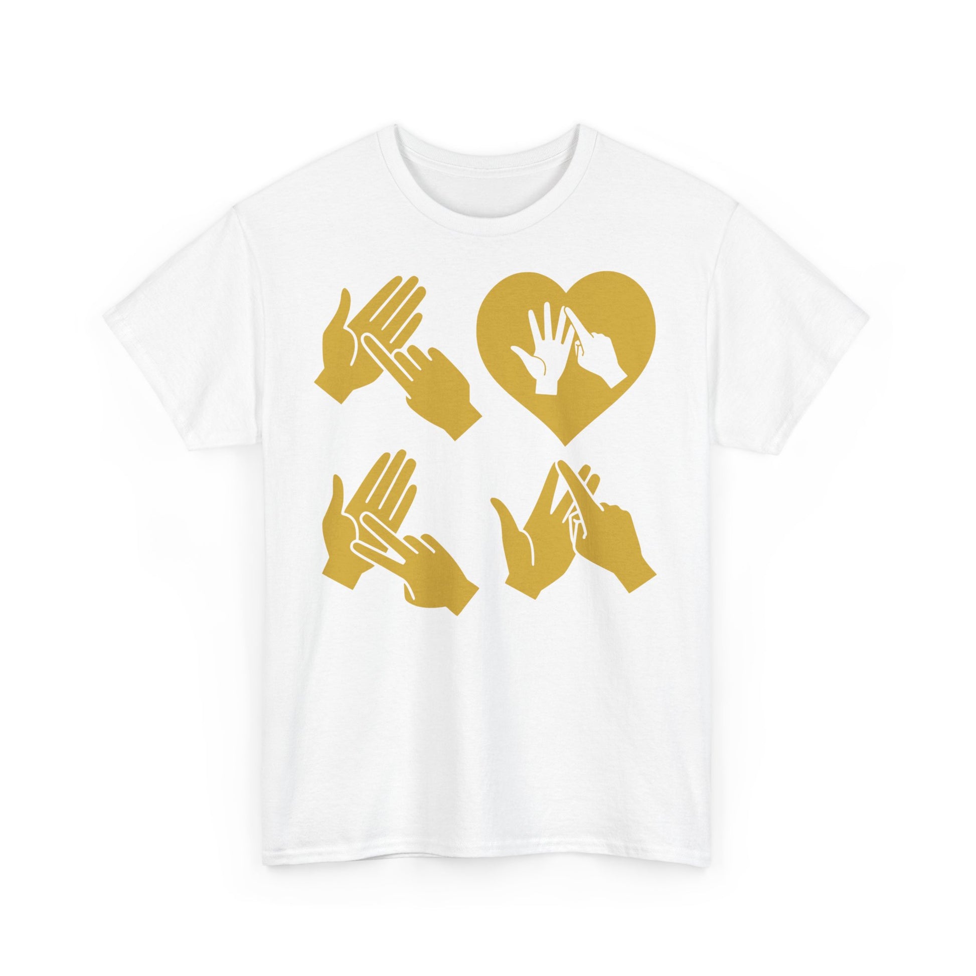 Front view of a white T-Shirt with the word Love in gold BSL Fingerspelling with the 'O' embedded in a heart shape