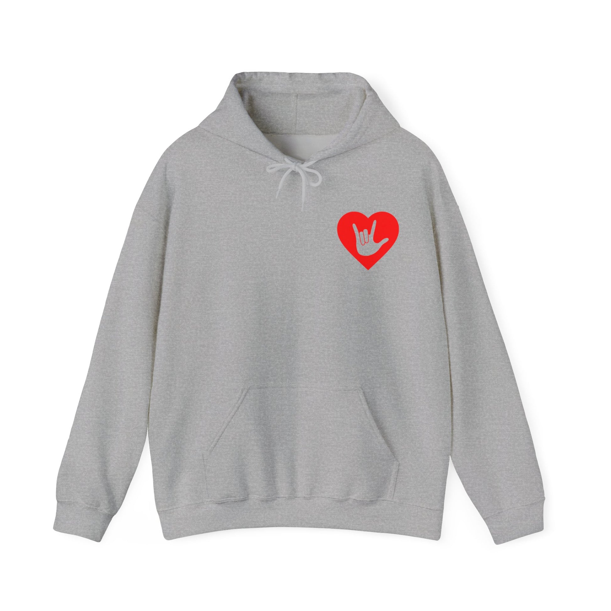 Front view of a sport grey hoodie showing a red coloured heart and the iconic ASL I Love You sign embedded in it on the left side of the chest