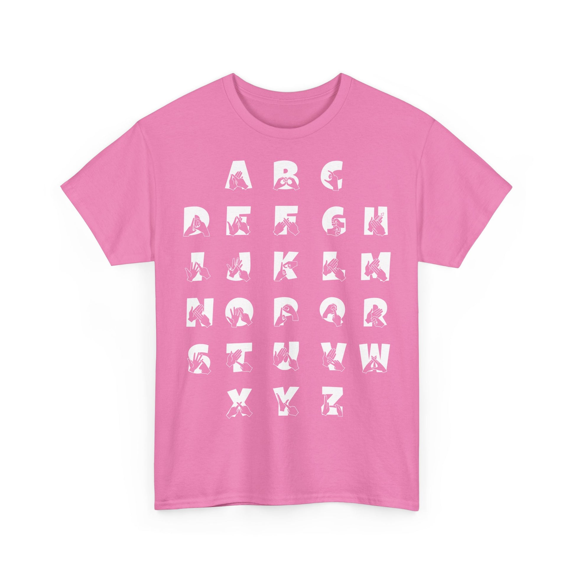 Front view of a Azalea t-shirt with BSL Alphabet - White Fingerspelling & Text