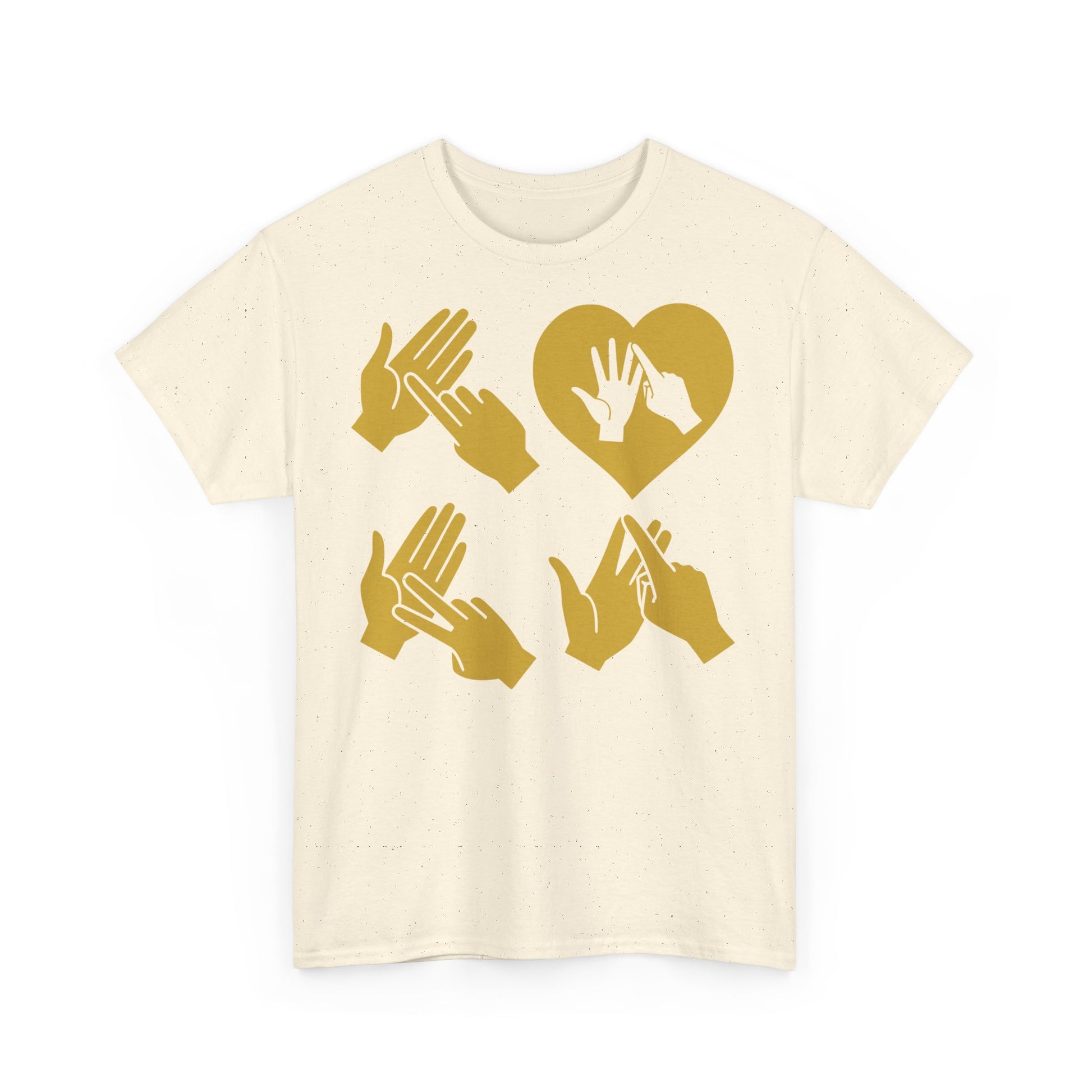 Front view of a natural T-Shirt with the word Love in gold BSL Fingerspelling with the 'O' embedded in a heart shape