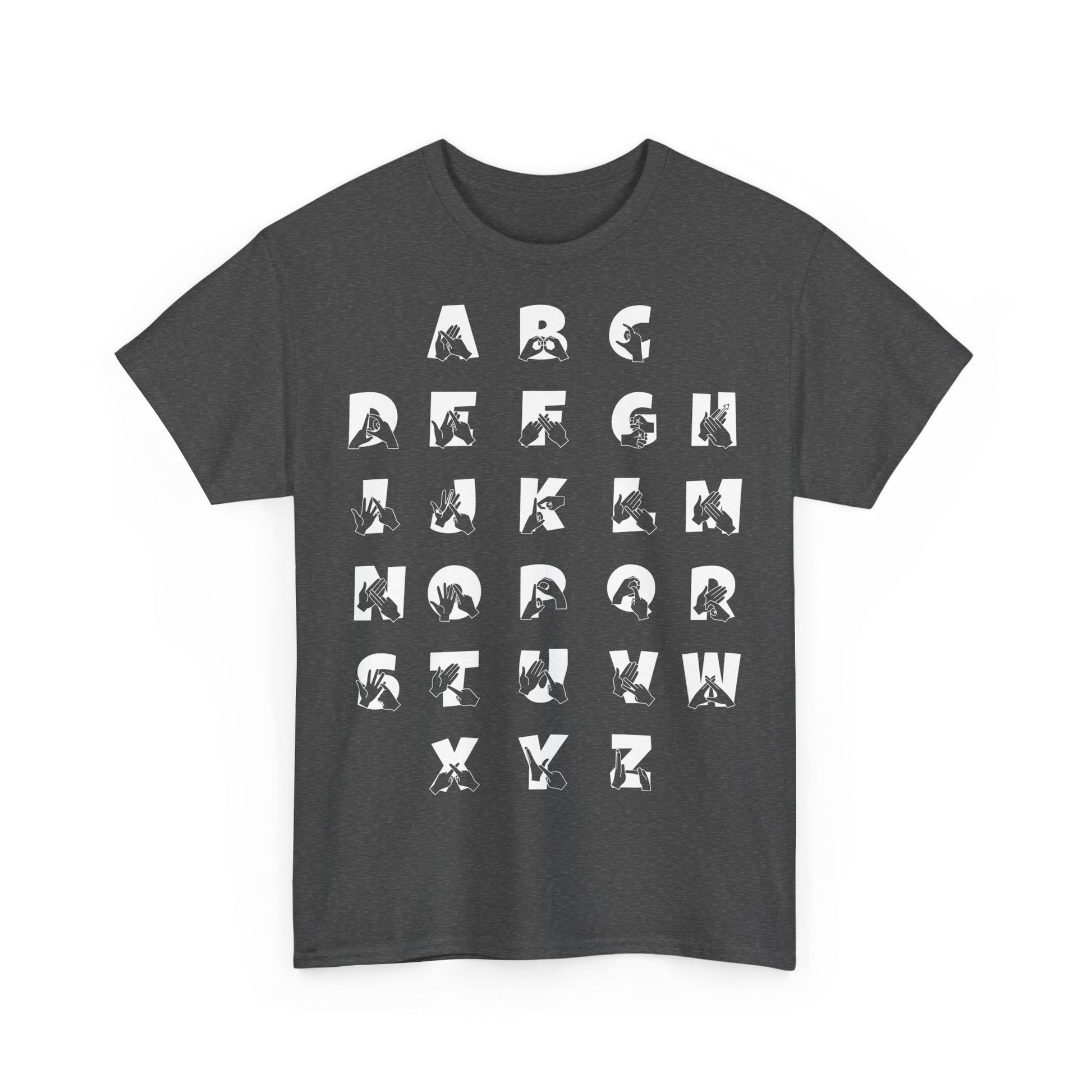 Front view of a Dark Heather t-shirt with BSL Alphabet - White Fingerspelling & Text