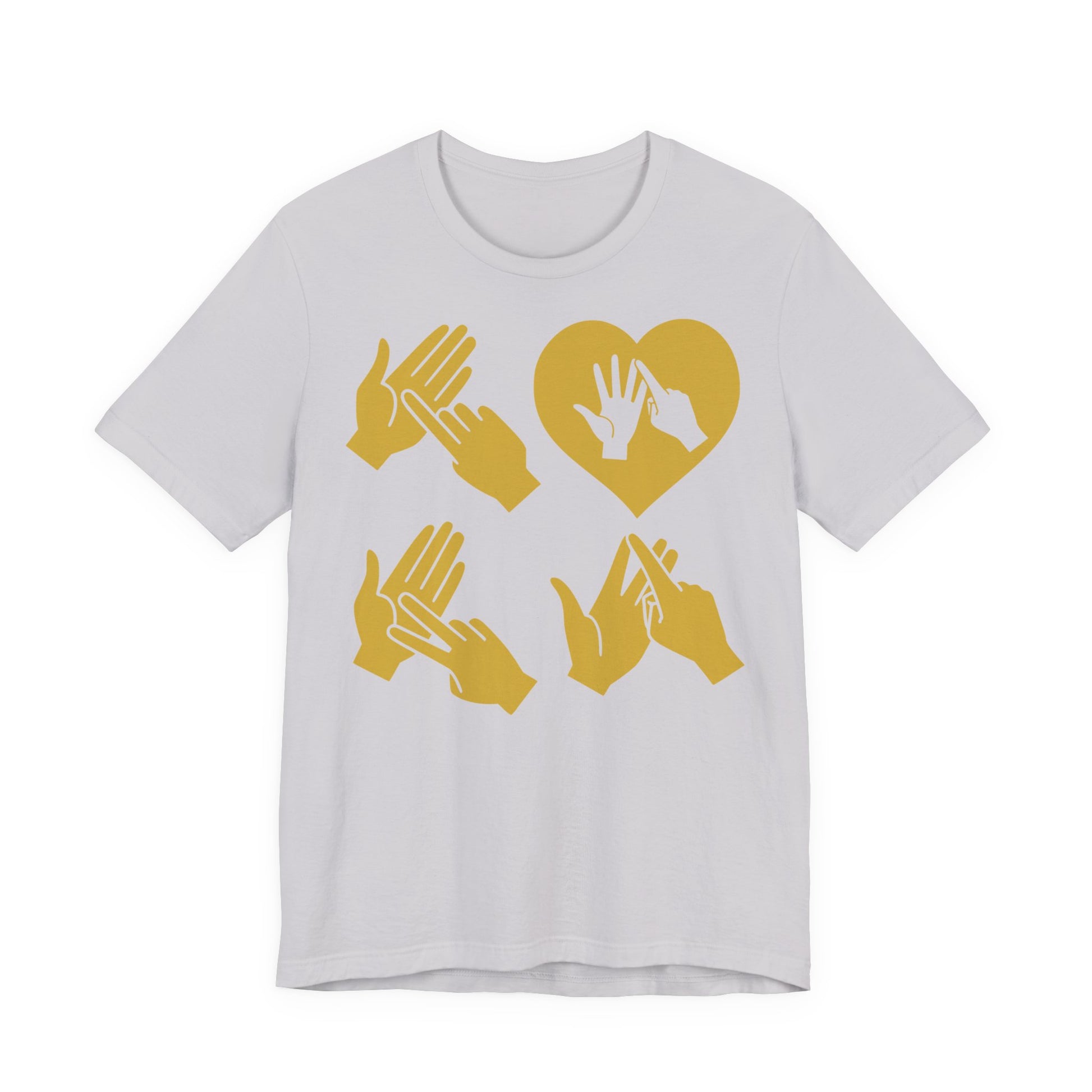 Front view of a lavender dust T-Shirt with the word Love in gold BSL Fingerspelling with the 'O' embedded in a heart shape