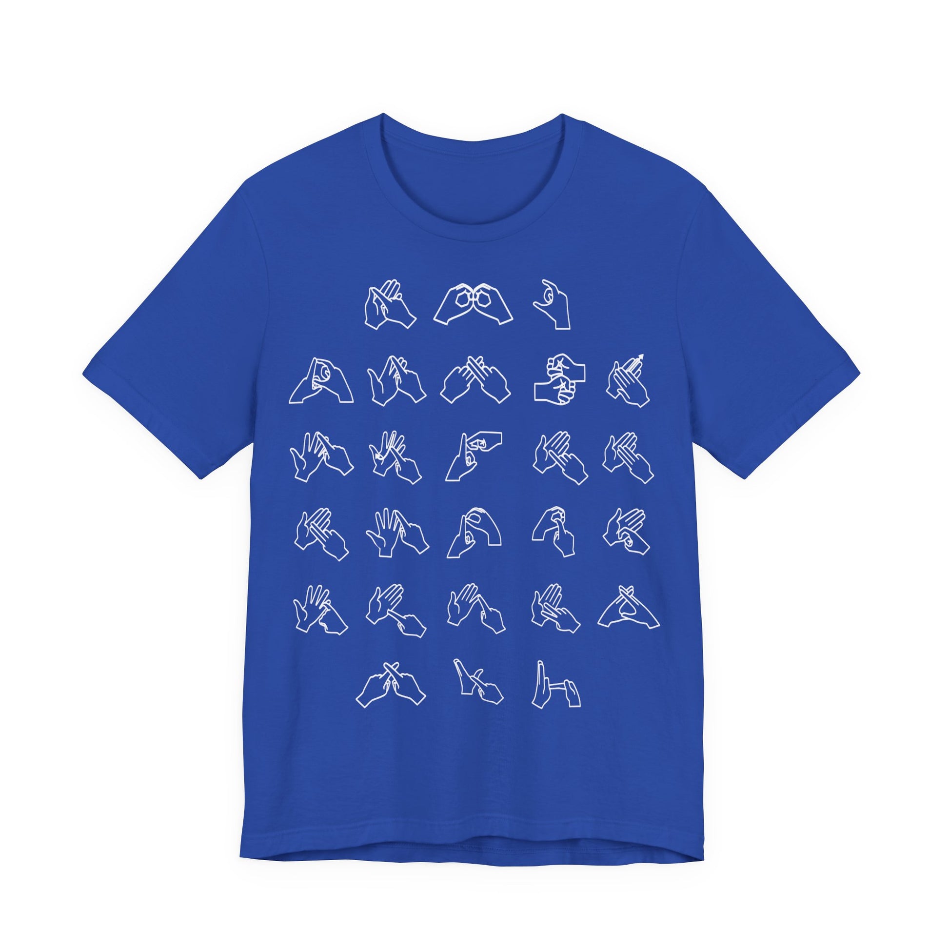 Front view of a true royal t-shirt with BSL Alphabet - White Fingerspelling
