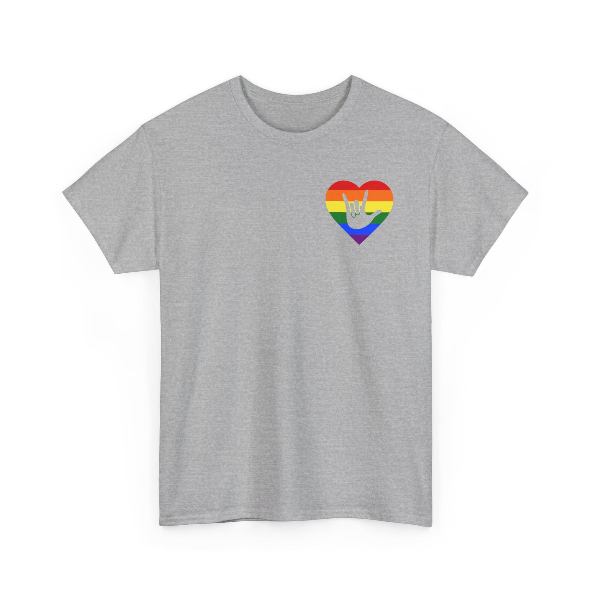 Front view of a sport grey T-Shirt showing a pride coloured heart and the iconic ASL I Love You sign embedded in it on the left side of the chest