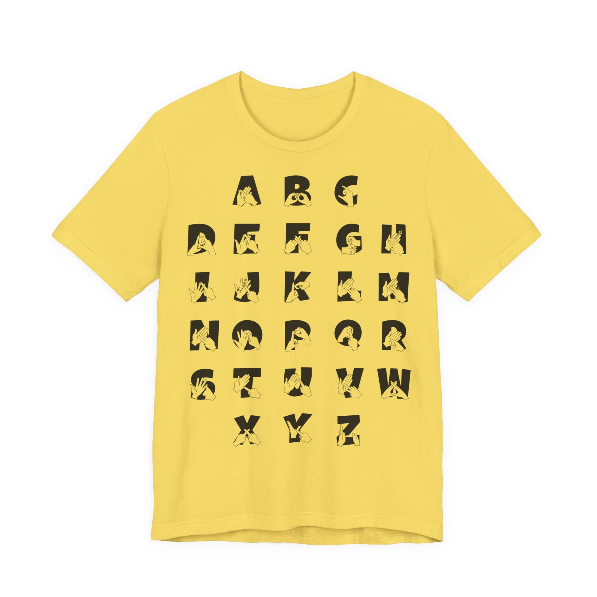 Front view of a maize yellow t-shirt with BSL Alphabet - Black Fingerspelling & Text