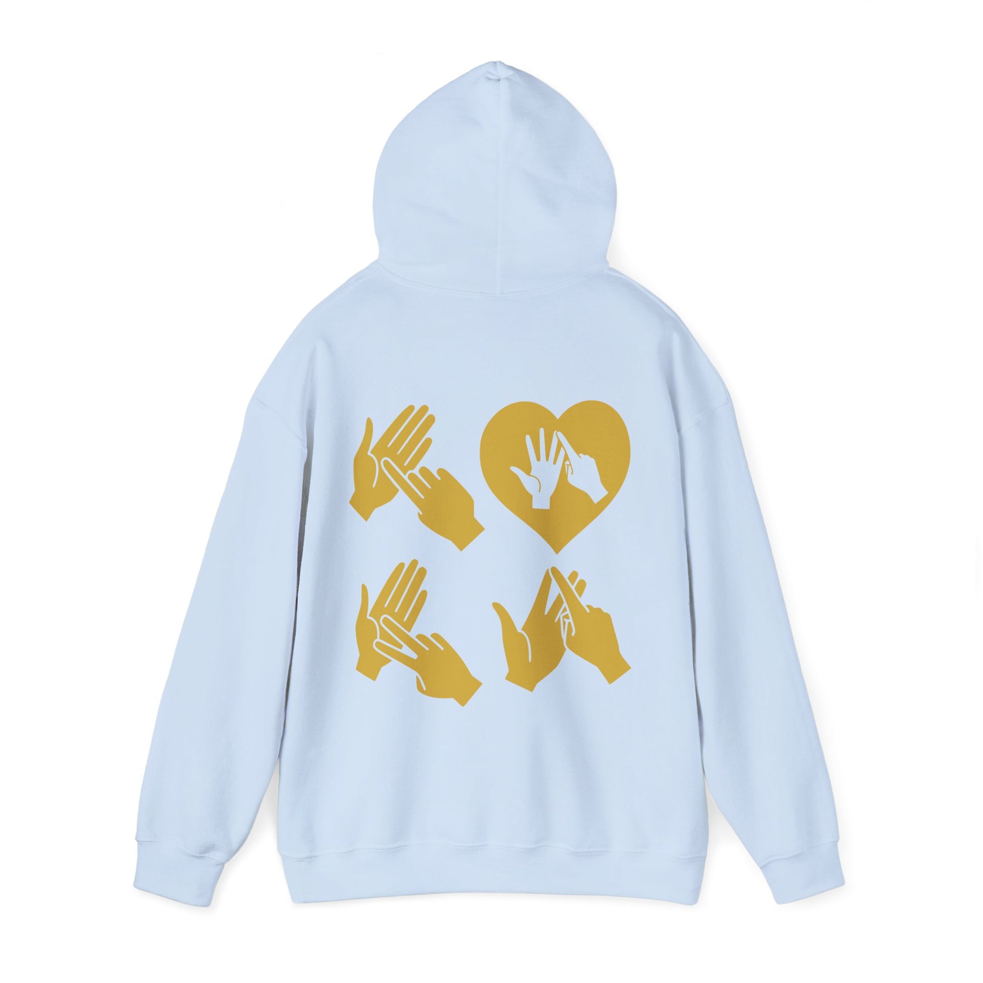 Back view of a light blue hoodie with the word Love in gold BSL Fingerspelling with the 'O' embedded in a heart shape