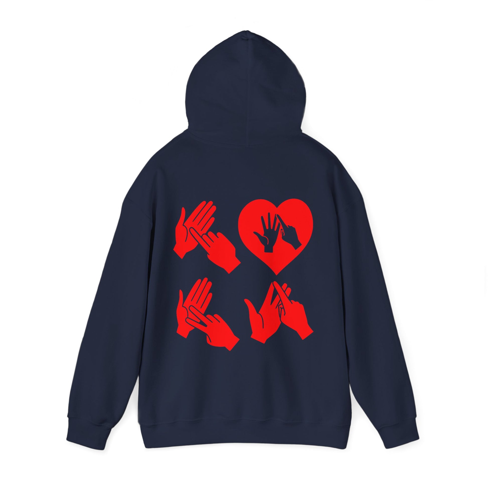 Back view of a navy hoodie with the word Love in red BSL Fingerspelling with the 'O' embedded in a heart shape