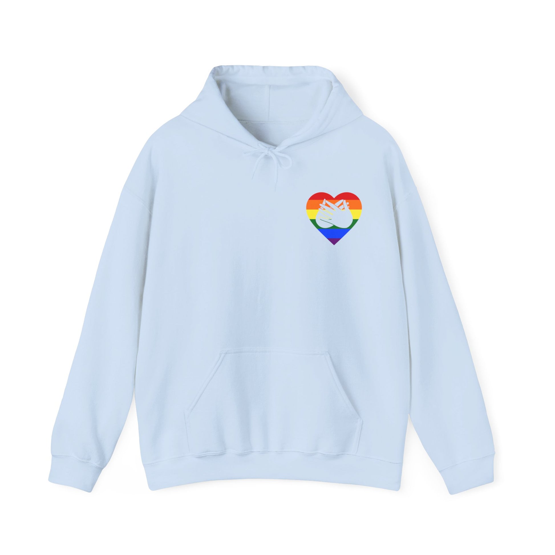 Front view of a light blue hoodie showing a pride coloured heart and the iconic BSL Love sign embedded in it on the left side of the chest