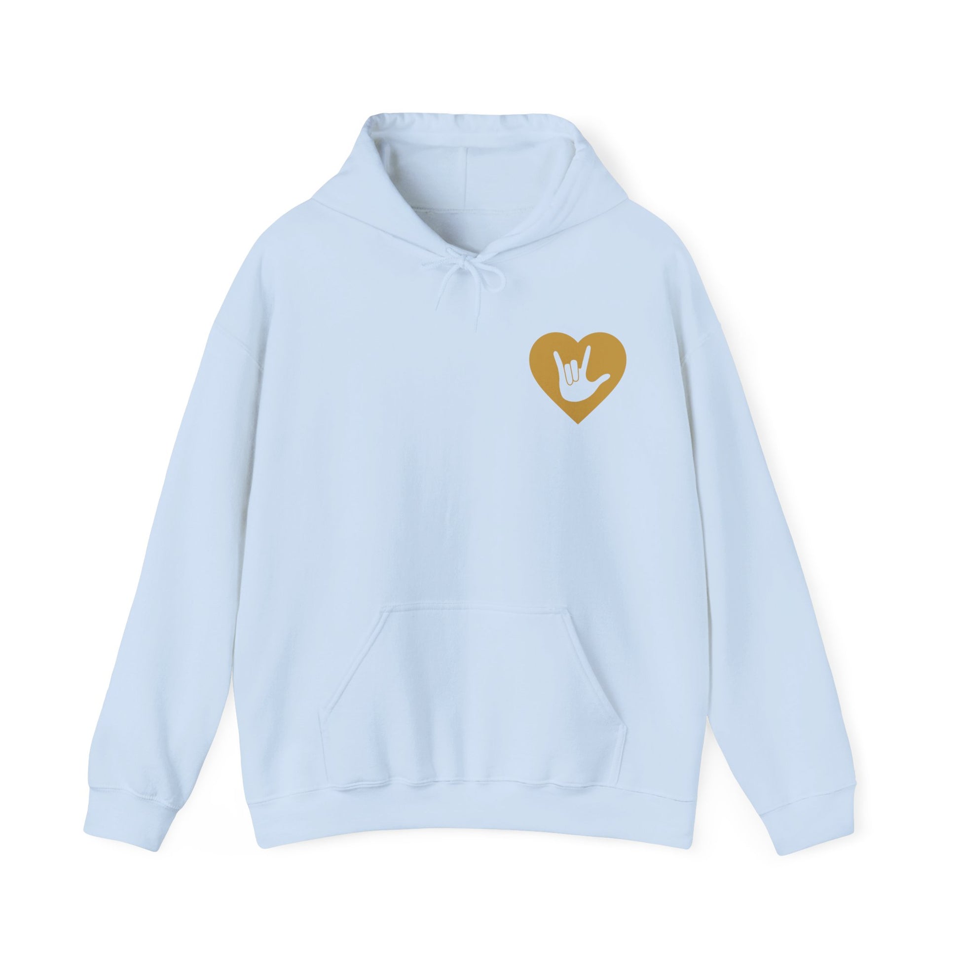 Front view of a light blue hoodie showing a gold coloured heart and the iconic ASL I Love You sign embedded in it on the left side of the chest