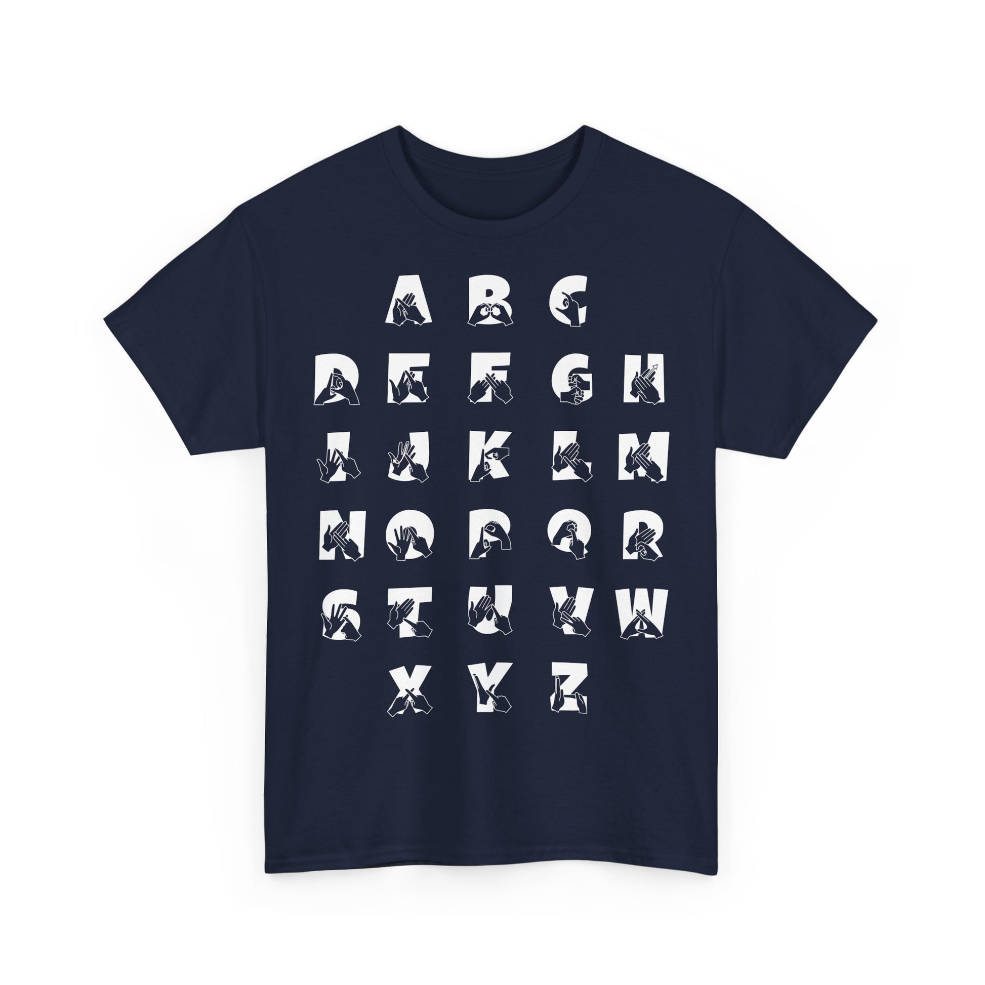 Front view of a Navy t-shirt with BSL Alphabet - White Fingerspelling & Text