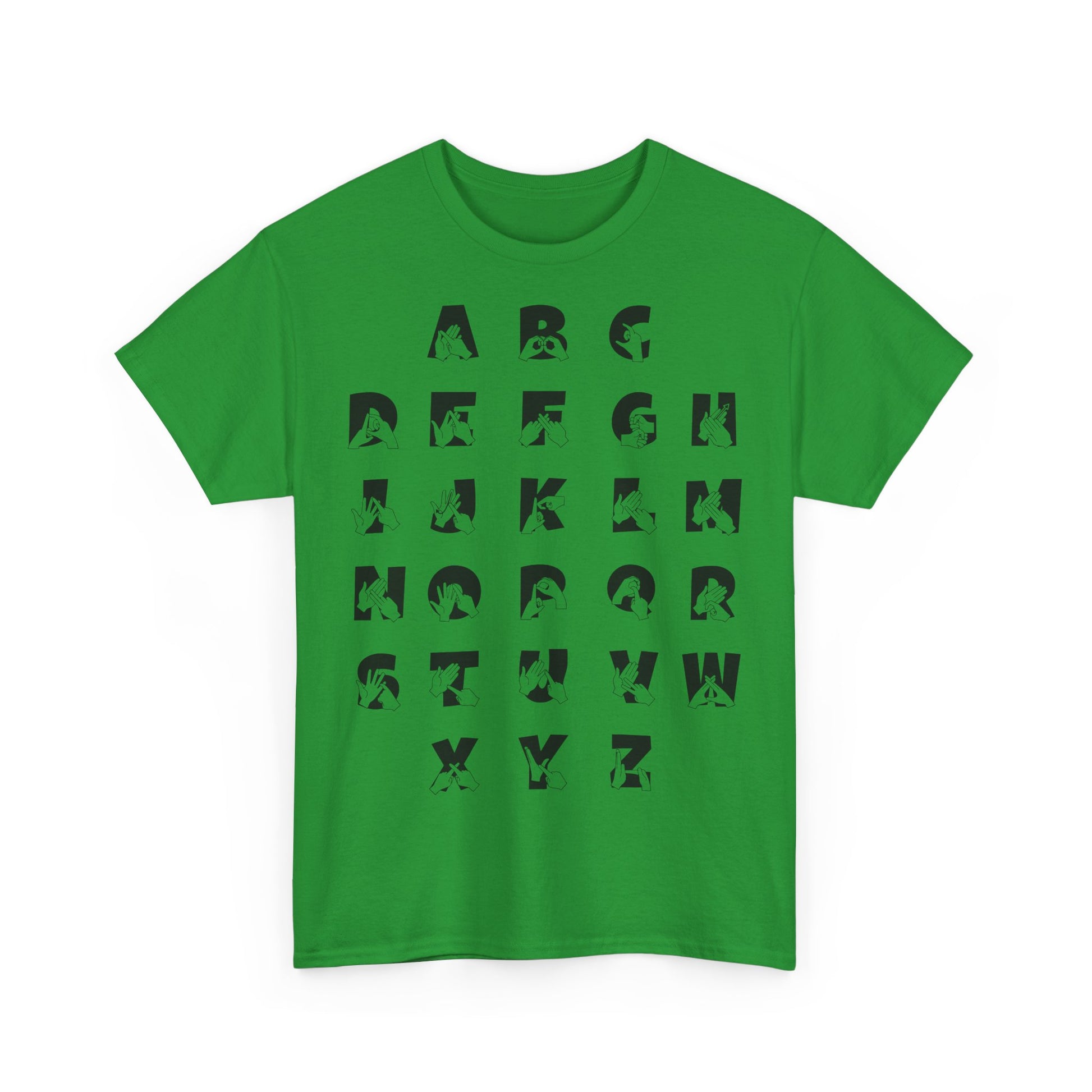 Front view of a Irish green t-shirt with BSL Alphabet - Black Fingerspelling