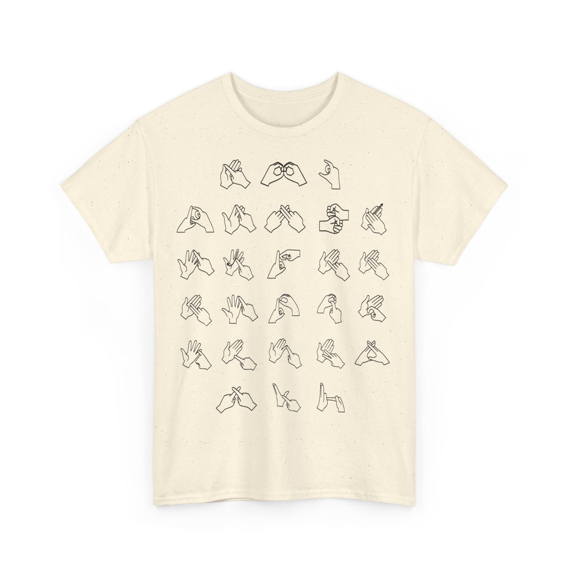 Front view of a natural t-shirt with BSL Alphabet - Black Fingerspelling