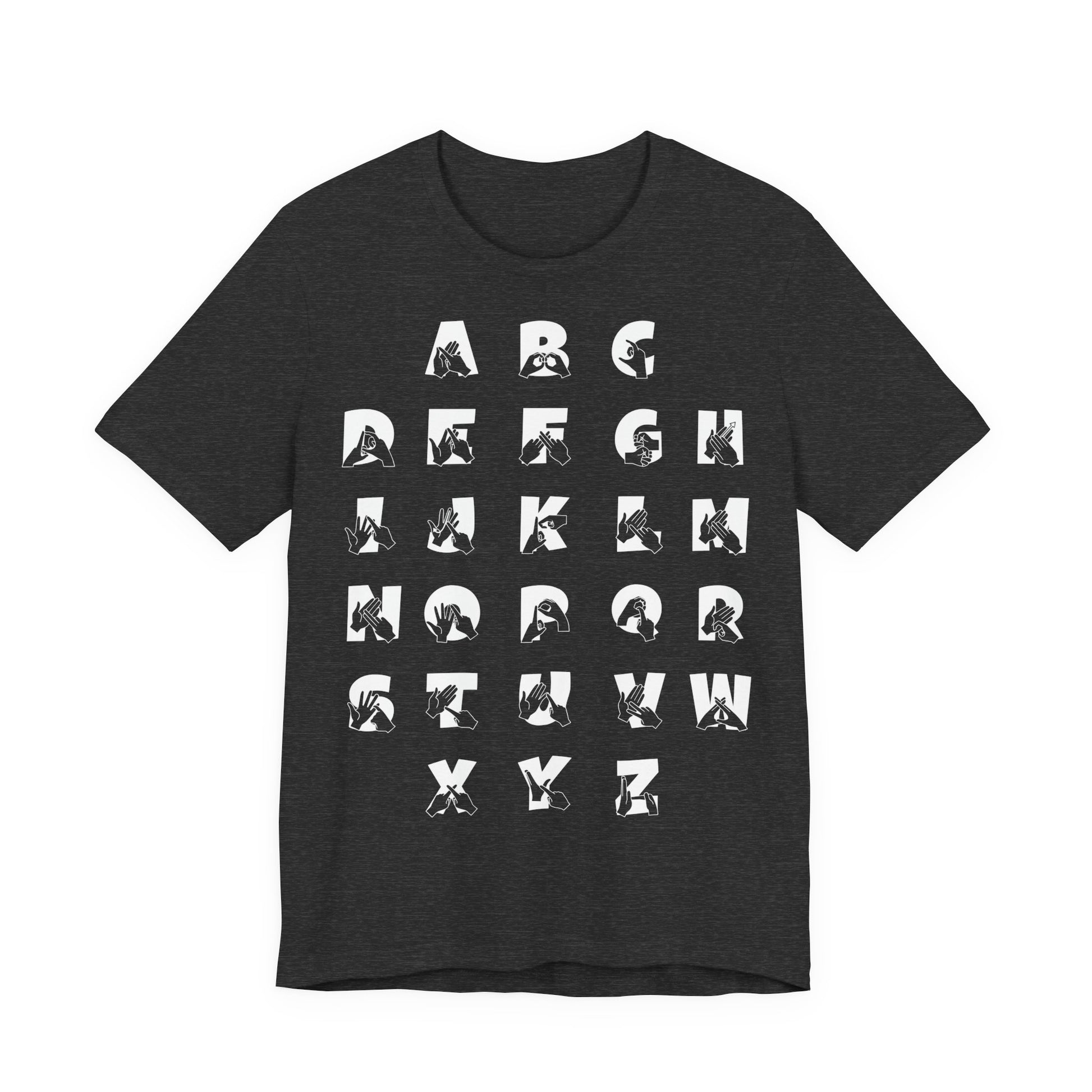 Front view of a dark grey heather t-shirt with BSL Alphabet - White Fingerspelling & Text