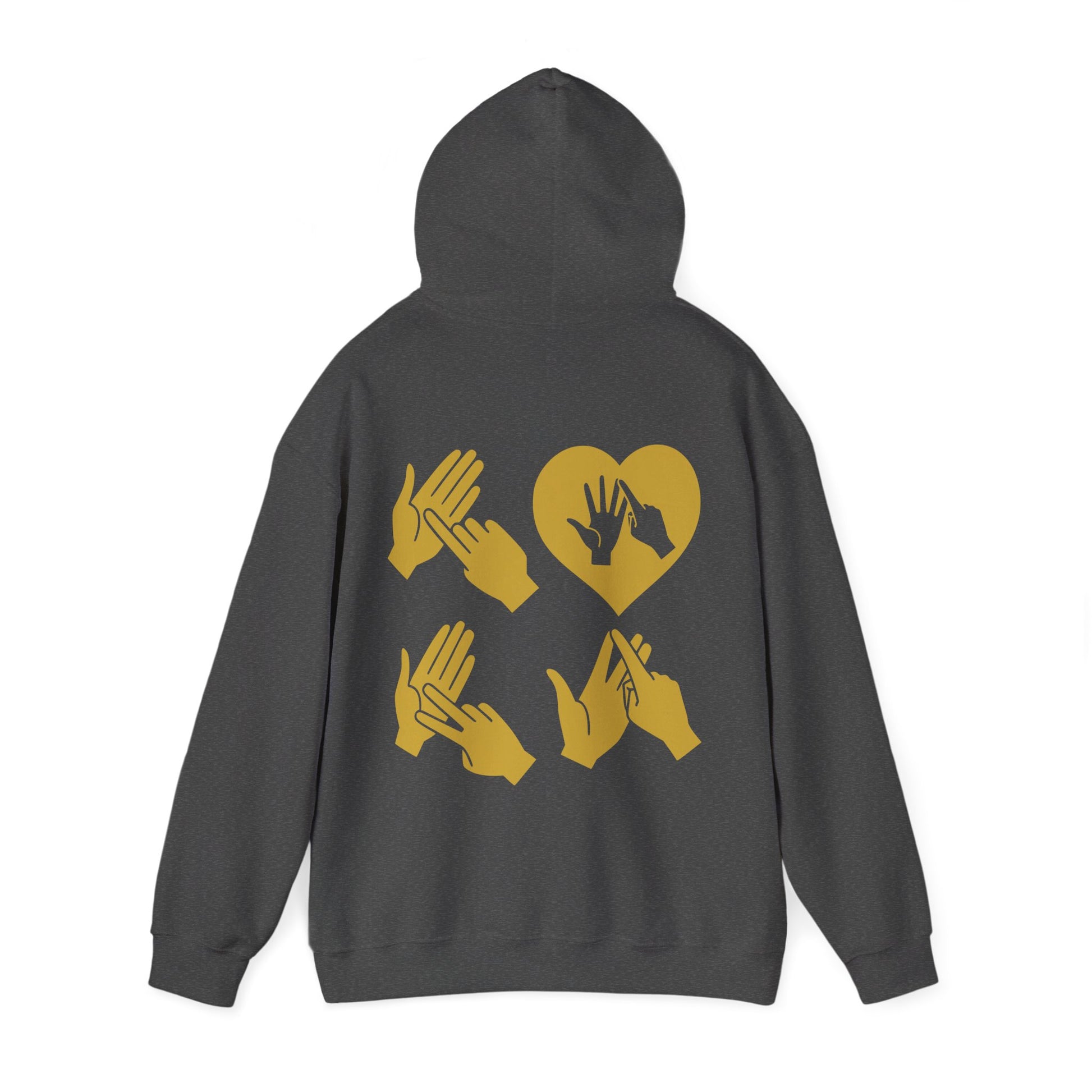 Back view of a dark heather hoodie with the word Love in gold BSL Fingerspelling with the 'O' embedded in a heart shape
