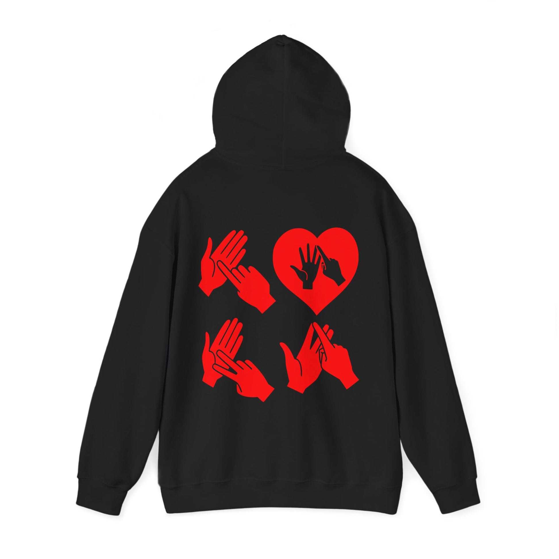 Back view of a black hoodie with the word Love in red BSL Fingerspelling with the 'O' embedded in a heart shape