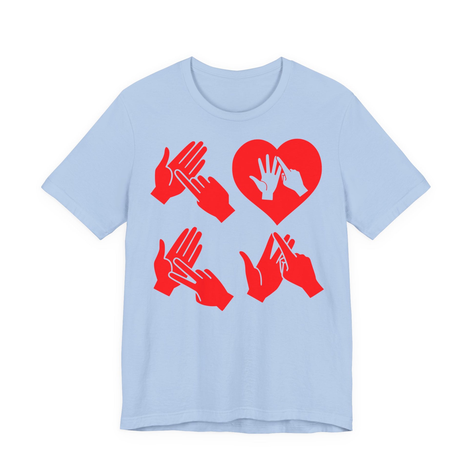Front view of a baby blue T-Shirt with the word Love in red BSL Fingerspelling with the 'O' embedded in a heart shape