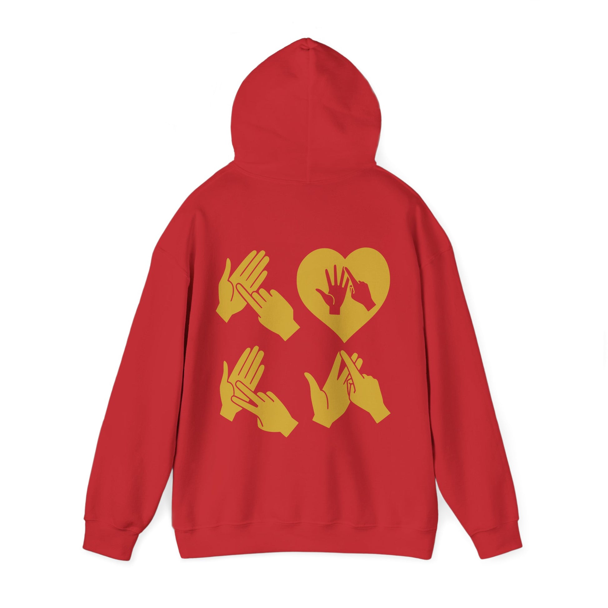 Back view of a red hoodie with the word Love in gold BSL Fingerspelling with the 'O' embedded in a heart shape