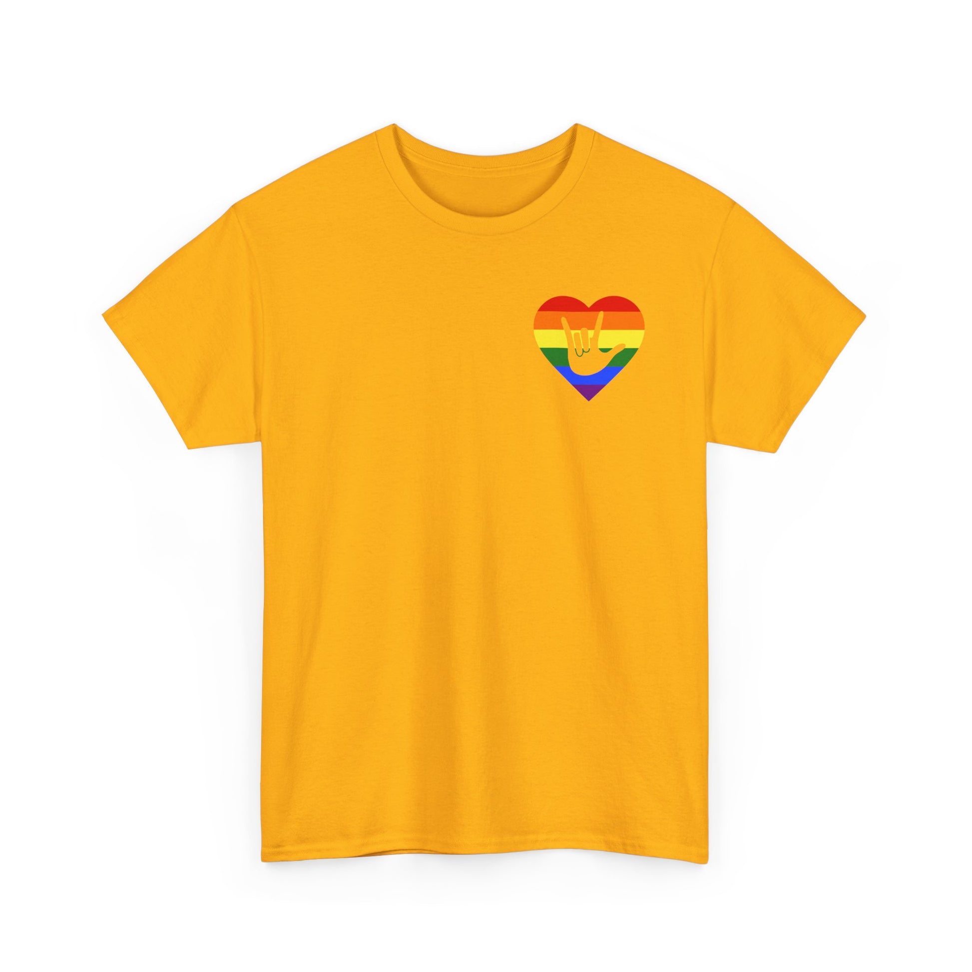 Front view of a gold T-Shirt showing a pride coloured heart and the iconic ASL I Love You sign embedded in it on the left side of the chest