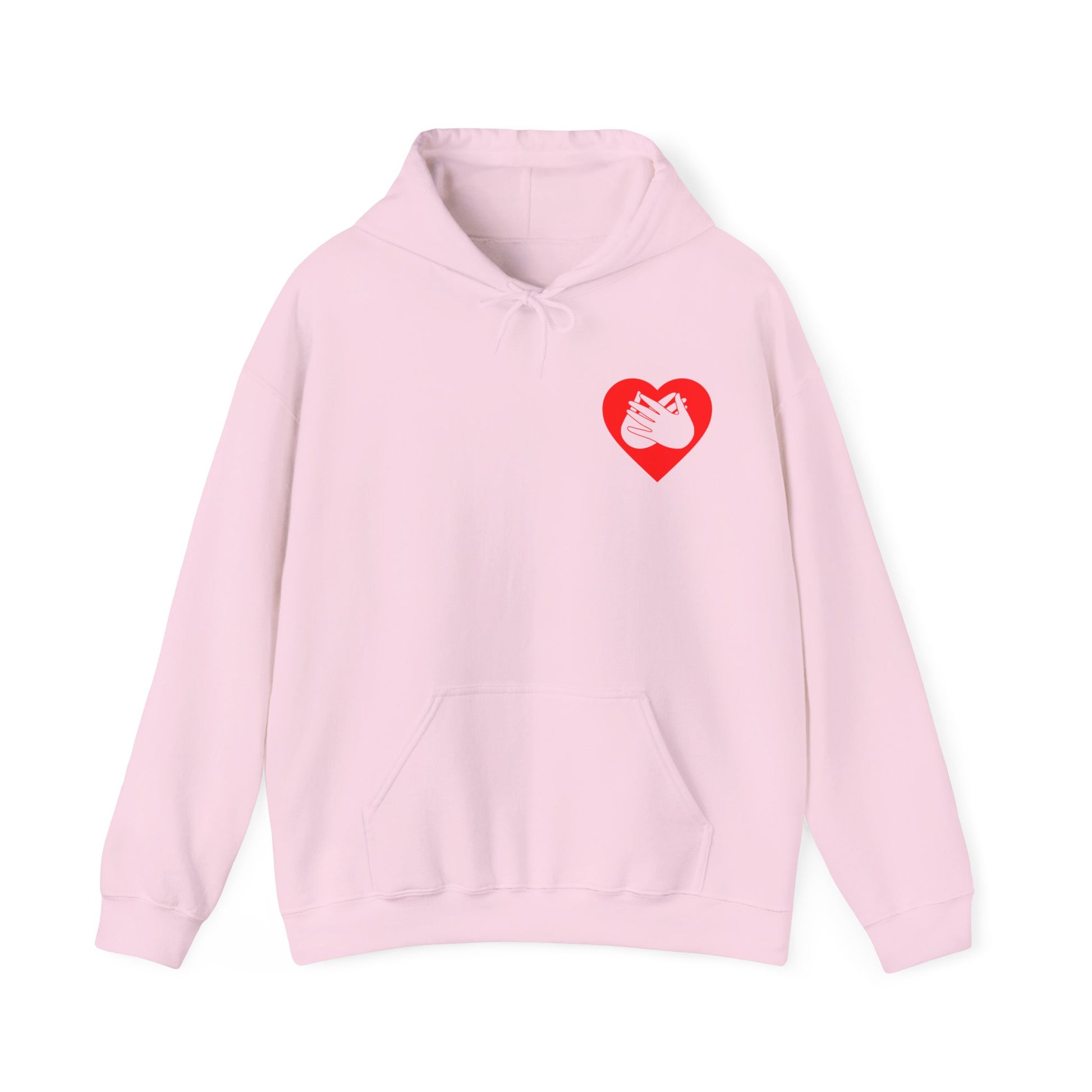 Front view of a light pink hoodie showing a red coloured heart and the iconic BSL Love sign embedded in it on the left side of the chest
