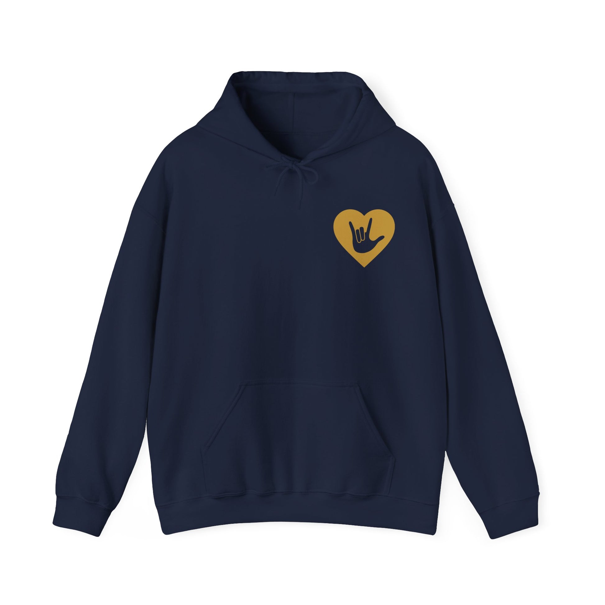 Front view of a navy hoodie showing a gold coloured heart and the iconic ASL I Love You sign embedded in it on the left side of the chest