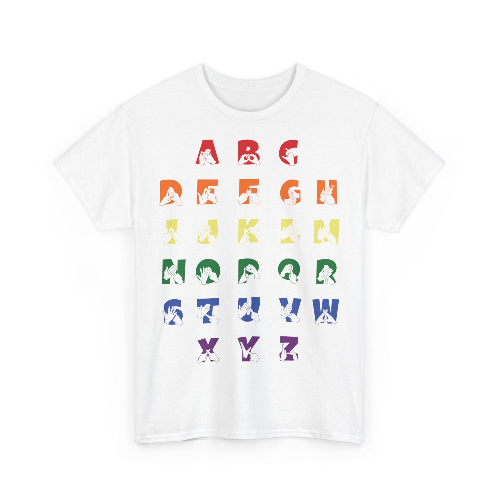 Front view of a White t-shirt with BSL Alphabet - Pride Fingerspelling & Text