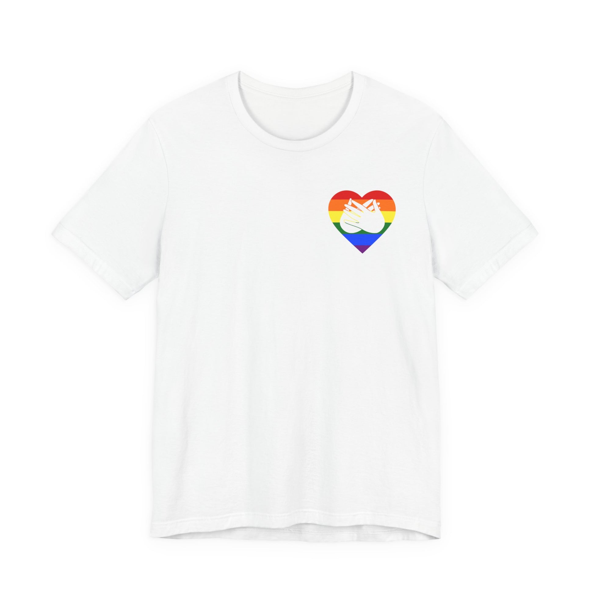 Front view of a white T-Shirt showing a pride coloured heart and the iconic BSL Love sign embedded in it on the left side of the chest