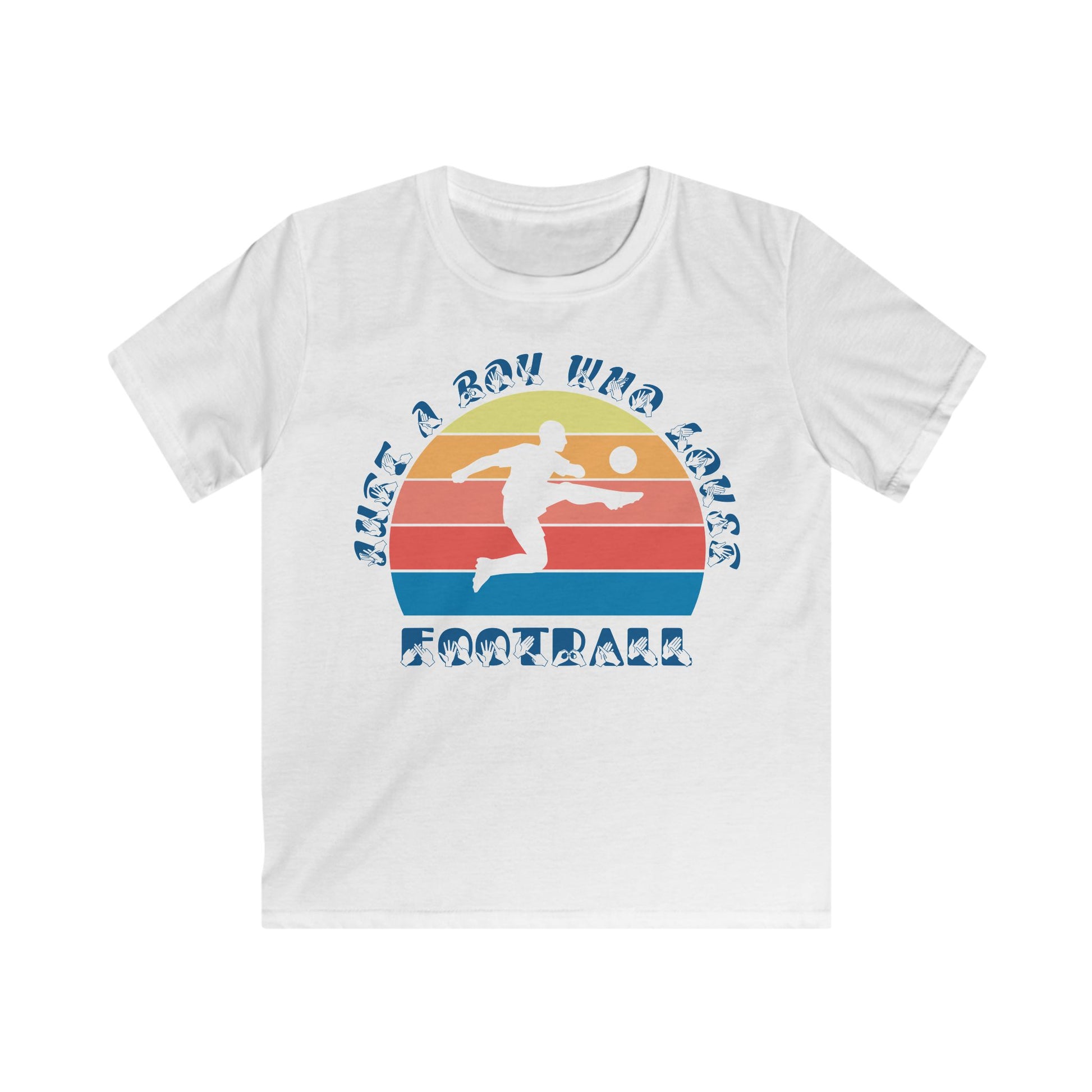 White t-shirt with the phrase "Just a Boy Who Loves Football" in BSL Fingerspelling and text featuring a colourful retro sunset and a silhouette of a boy kicking a football.
