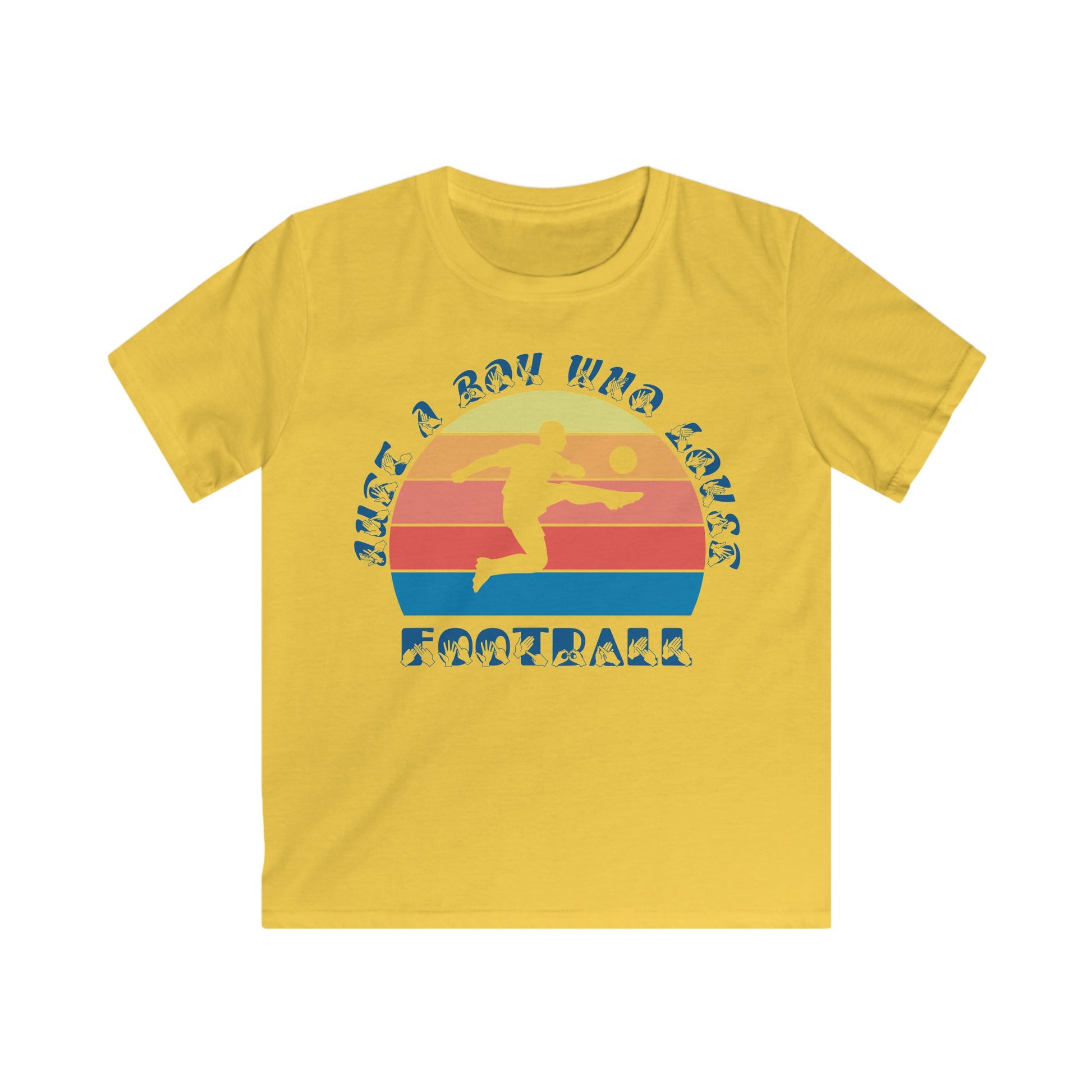 Daisy t-shirt with the phrase "Just a Boy Who Loves Football" in BSL Fingerspelling and text featuring a colourful retro sunset and a silhouette of a boy kicking a football.