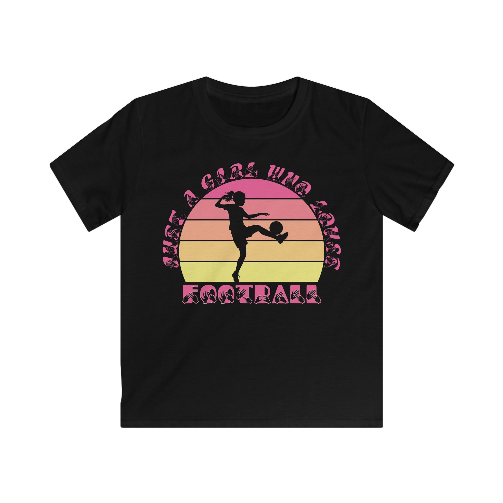 Black t-shirt with the phrase "Just a Girl Who Loves Football" in BSL Fingerspelling and text featuring a colourful retro sunset and a silhouette of a boy kicking a football.