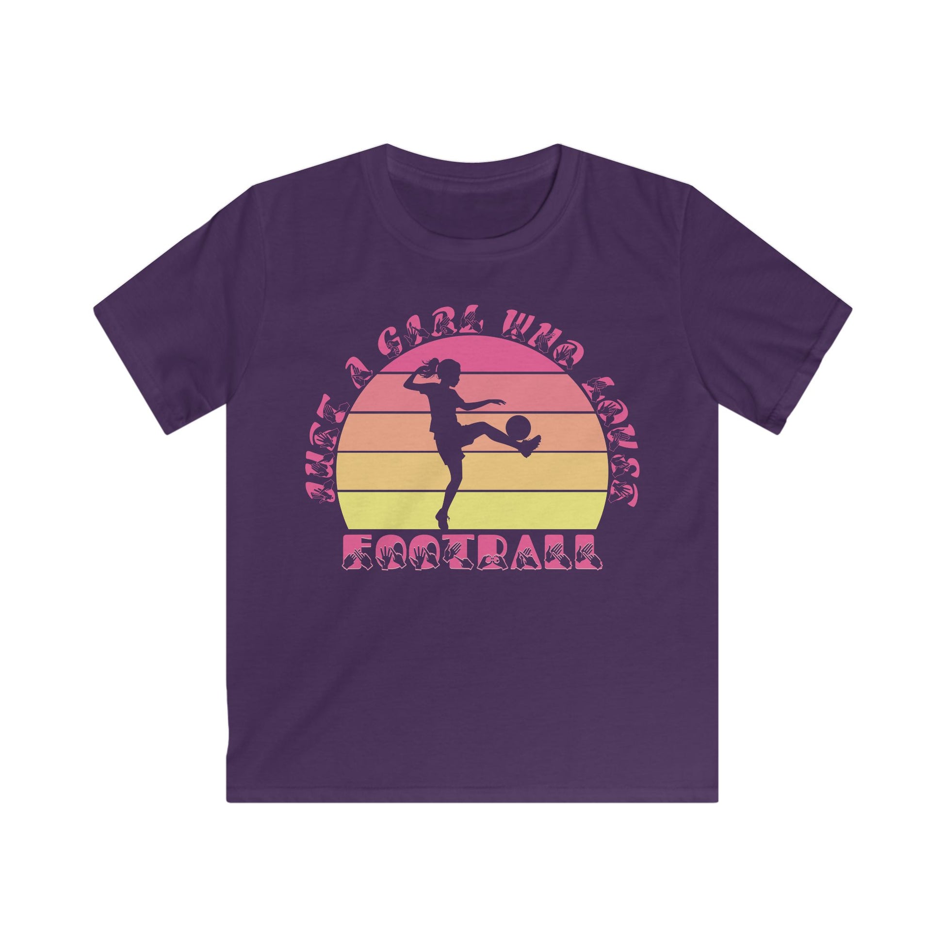 Purple t-shirt with the phrase "Just a Girl Who Loves Football" in BSL Fingerspelling and text featuring a colourful retro sunset and a silhouette of a boy kicking a football.