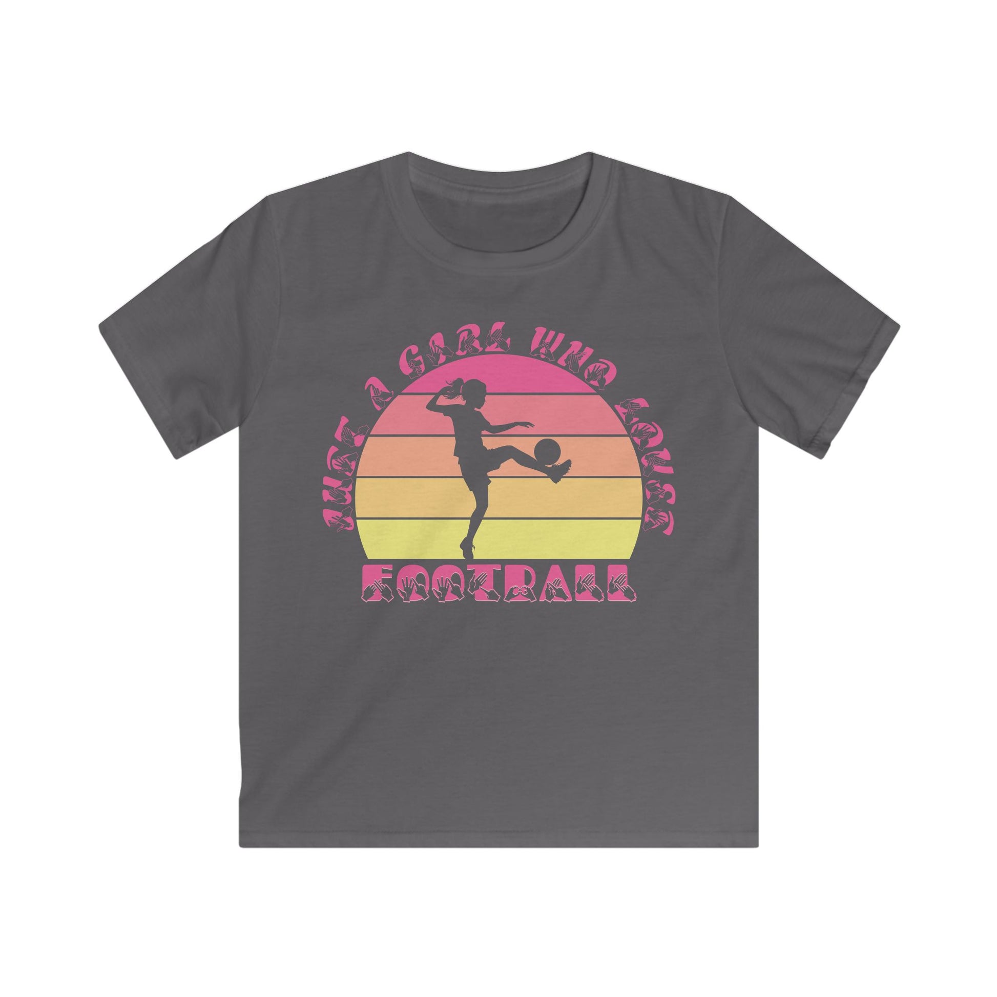 Charcoal t-shirt with the phrase "Just a Girl Who Loves Football" in BSL Fingerspelling and text featuring a colourful retro sunset and a silhouette of a boy kicking a football.
