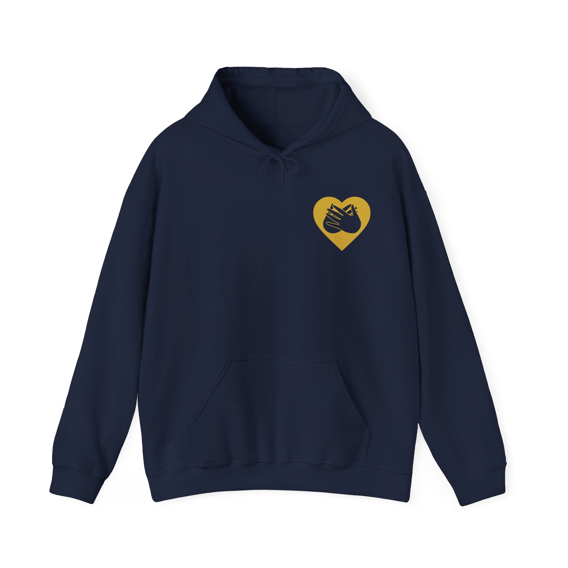 Front view of a navy hoodie showing a gold coloured heart and the iconic BSL Love sign embedded in it on the left side of the chest
