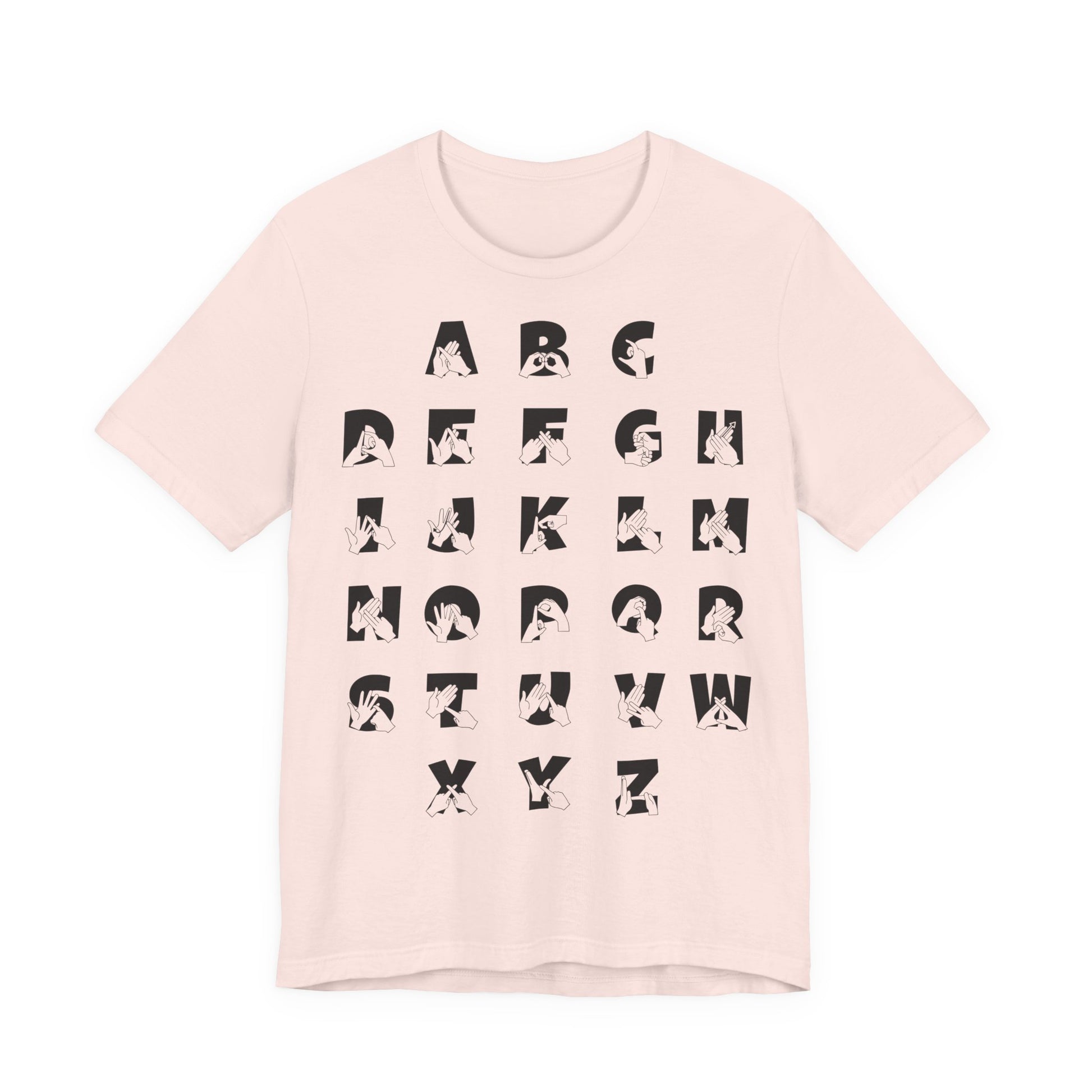 Front view of a soft pink t-shirt with BSL Alphabet - Black Fingerspelling & Text