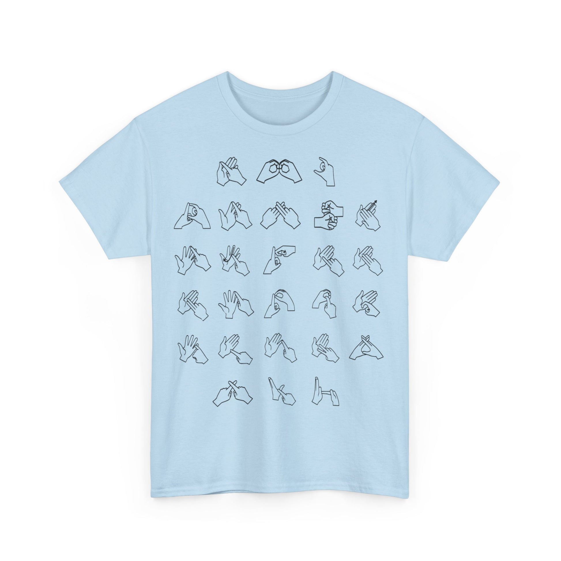 Front view of a light blue t-shirt with BSL Alphabet - Black Fingerspelling