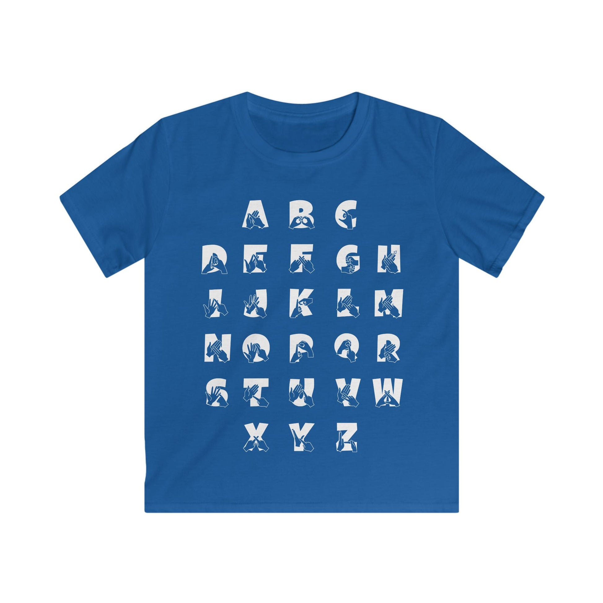 Front view of a royal t-shirt with BSL Alphabet - White Fingerspelling & Text