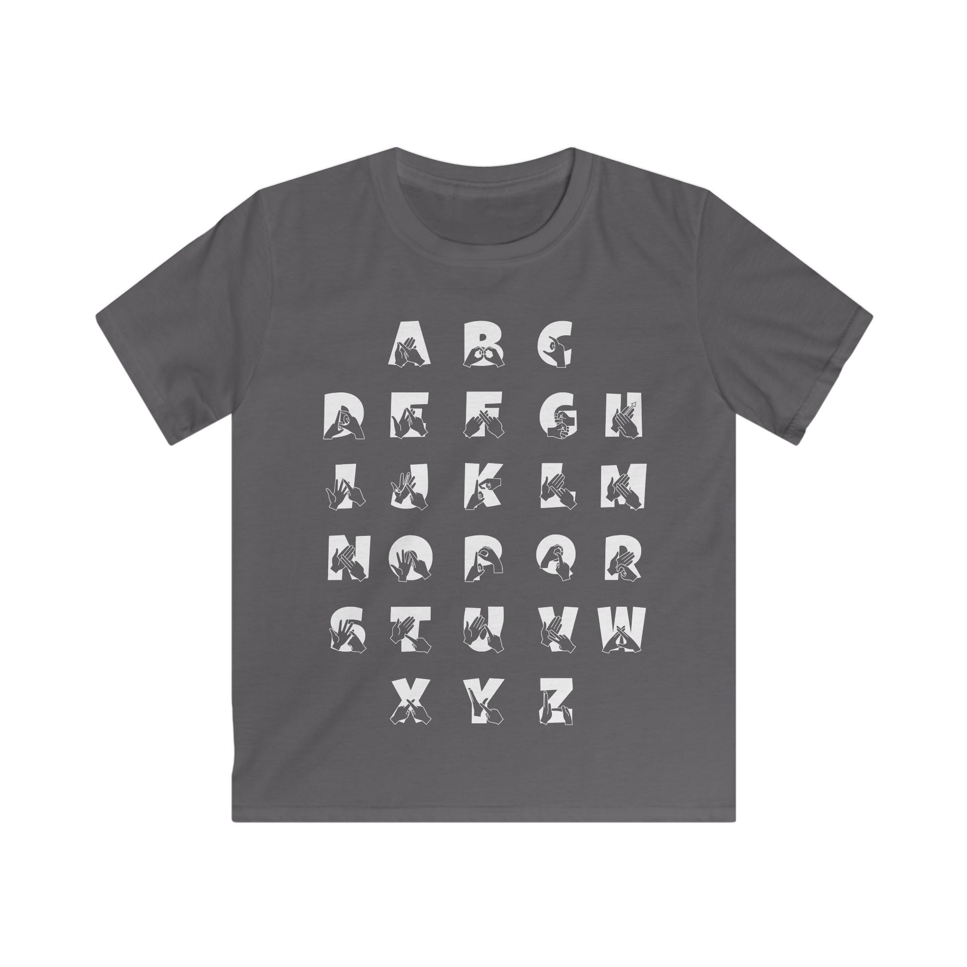 Front view of a charcoal t-shirt with BSL Alphabet - White Fingerspelling & Text
