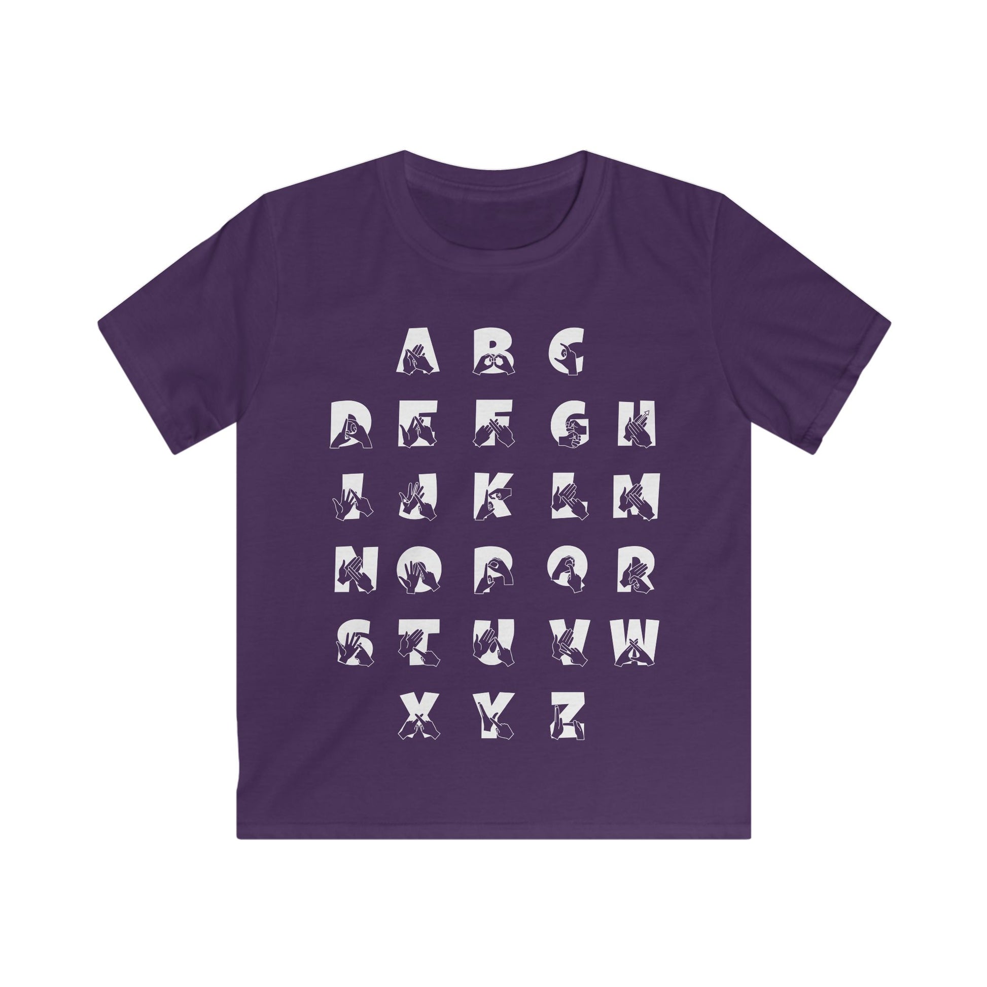 Front view of a purple t-shirt with BSL Alphabet - White Fingerspelling & Text